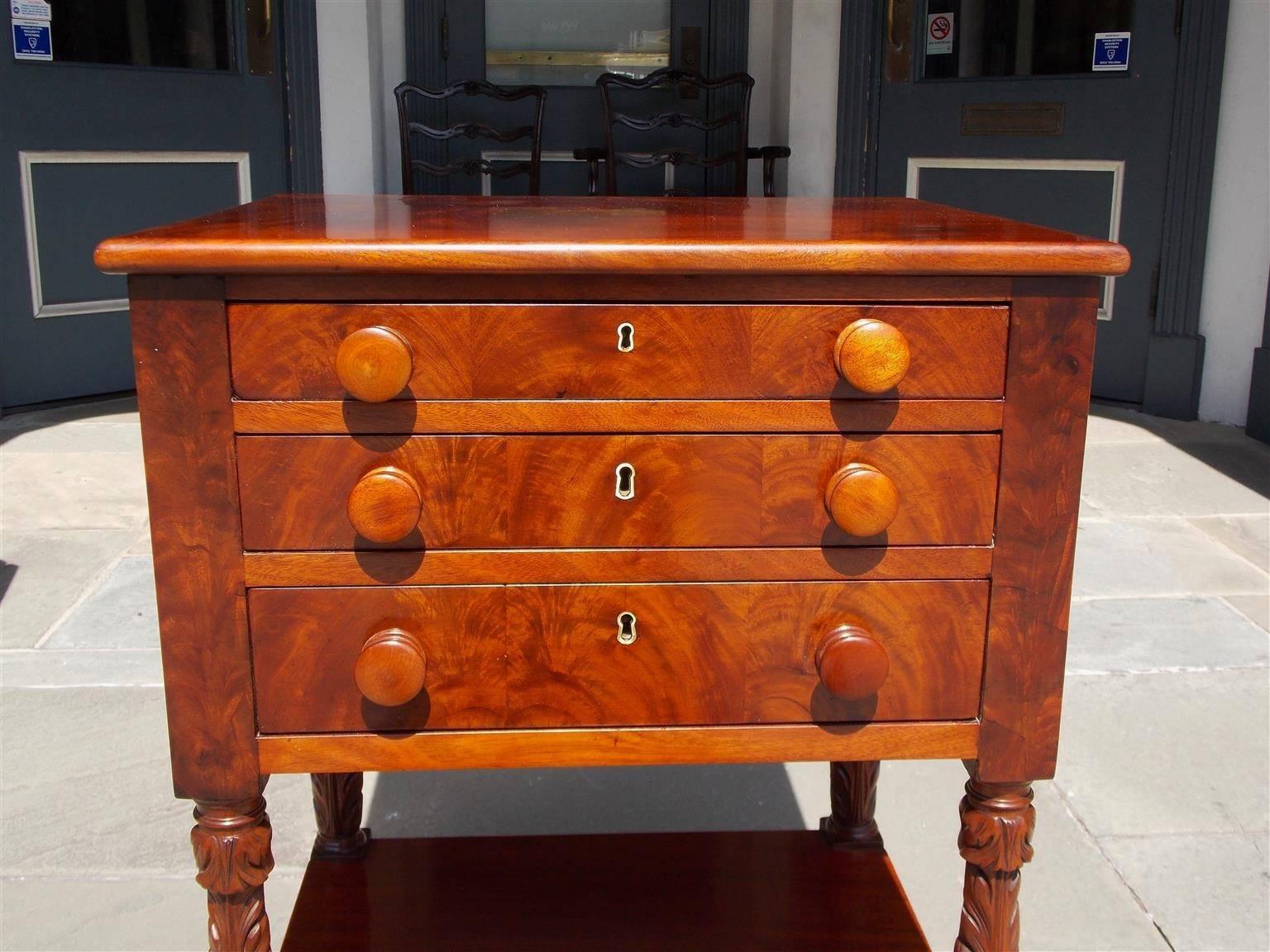 Early 19th Century American Sheraton Mahogany Three-Drawer Acanthus Carved Side Table, Circa 1820