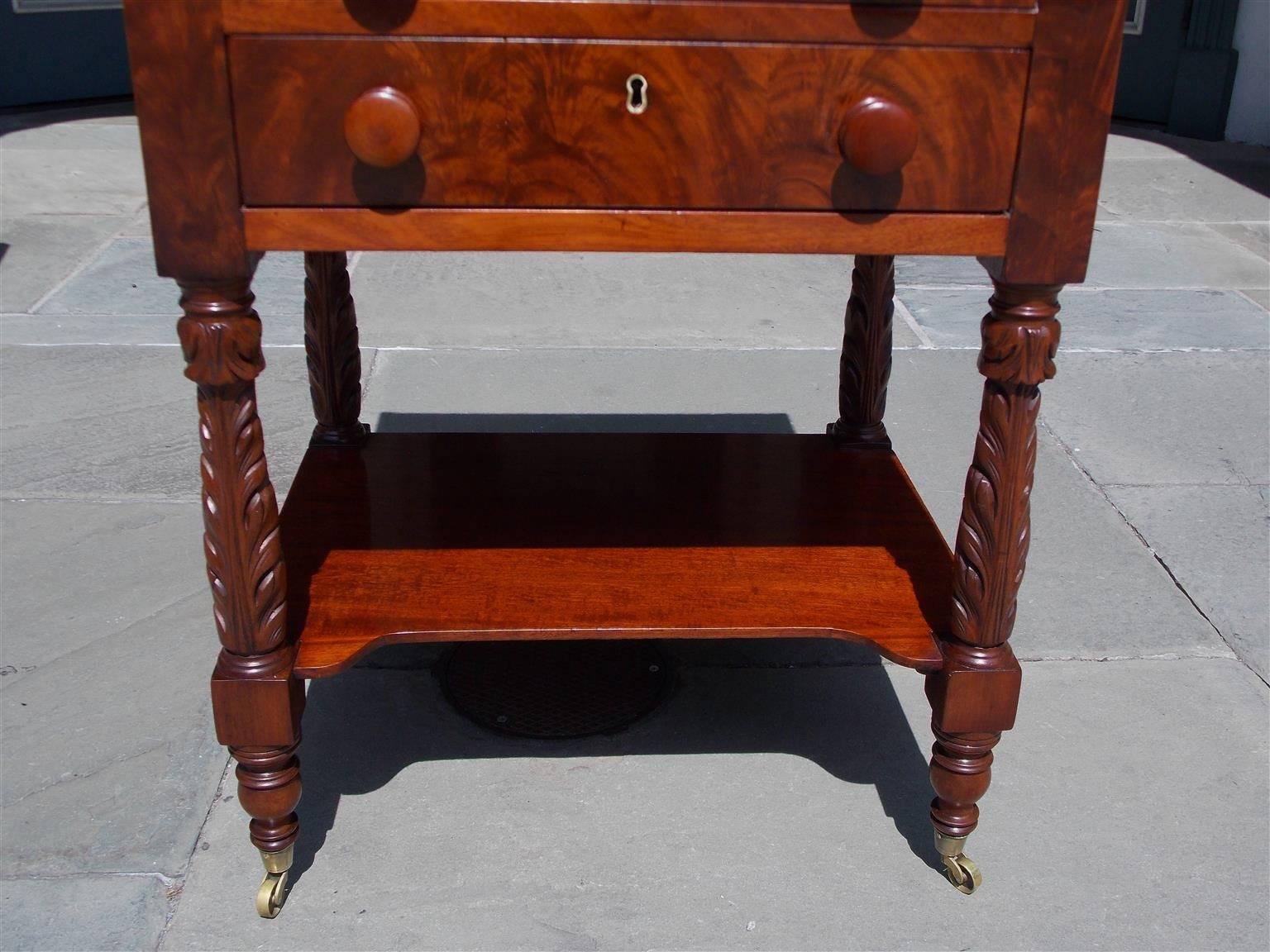 Brass American Sheraton Mahogany Three-Drawer Acanthus Carved Side Table, Circa 1820
