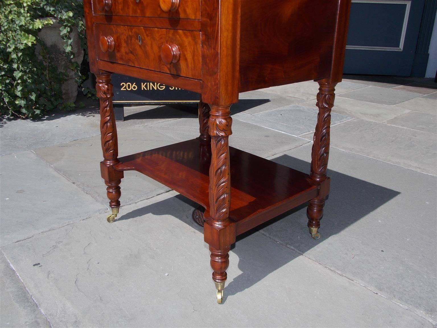American Sheraton Mahogany Three-Drawer Acanthus Carved Side Table, Circa 1820 2