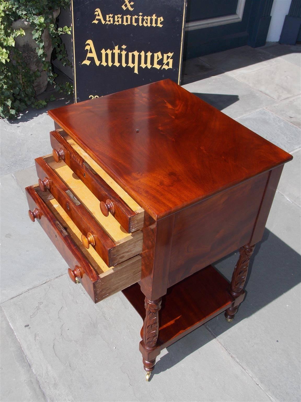 American Sheraton Mahogany Three-Drawer Acanthus Carved Side Table, Circa 1820 3