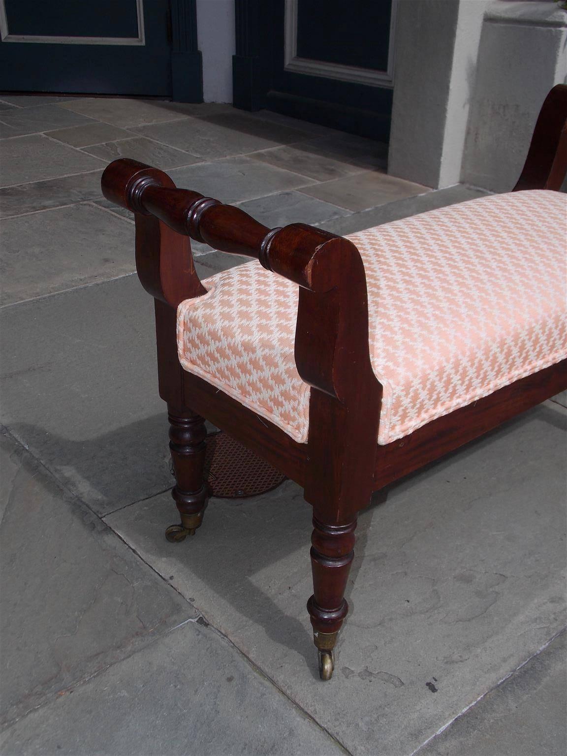 American Sheraton Mahogany Upholstered Window Bench on Brass Casters, Circa 1820 In Excellent Condition In Hollywood, SC