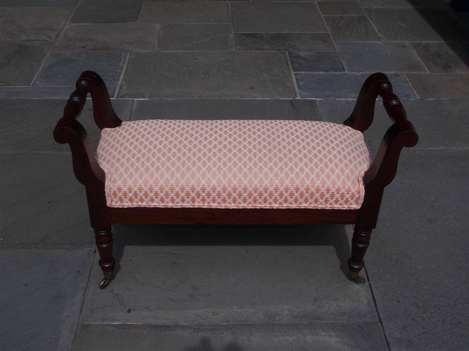 Early 19th Century American Sheraton Mahogany Upholstered Window Bench on Brass Casters, Circa 1820