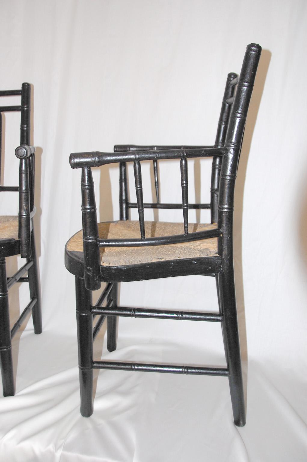 19th Century American Sheraton Period Pair of Painted Armchairs Rush Seated Bamboo Turned