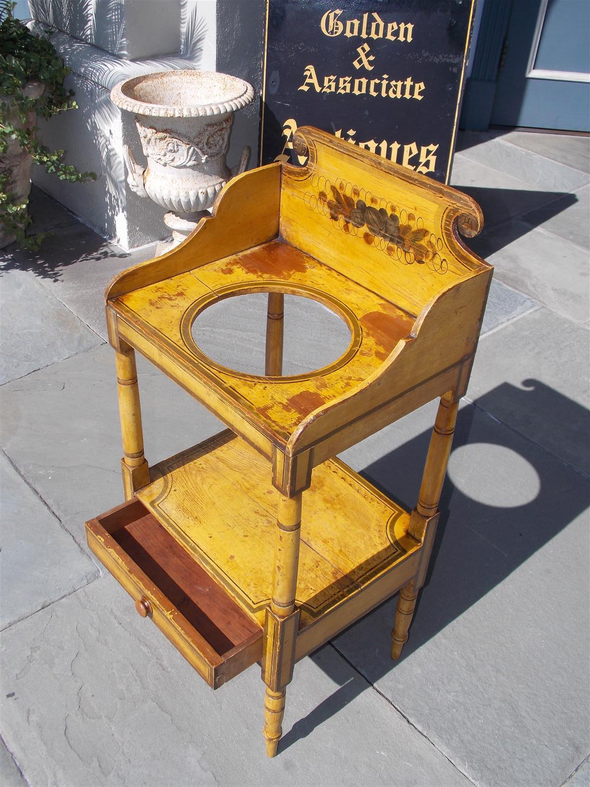 Mid-19th Century American Sheraton Pine Hand Painted Floral Single Drawer Washstand, Circa 1830 For Sale