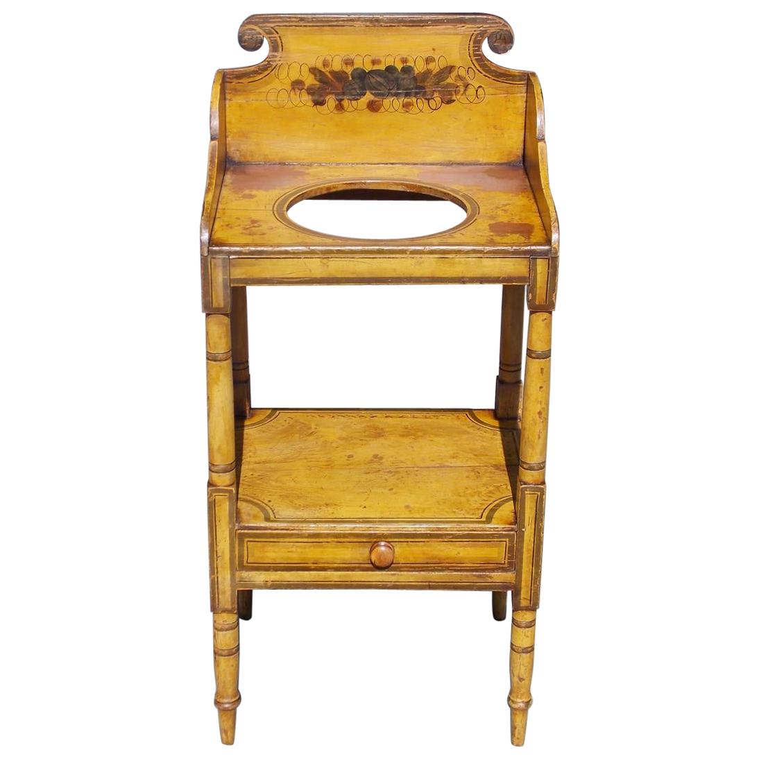American Sheraton Pine Hand Painted Floral Single Drawer Washstand, Circa 1830 For Sale