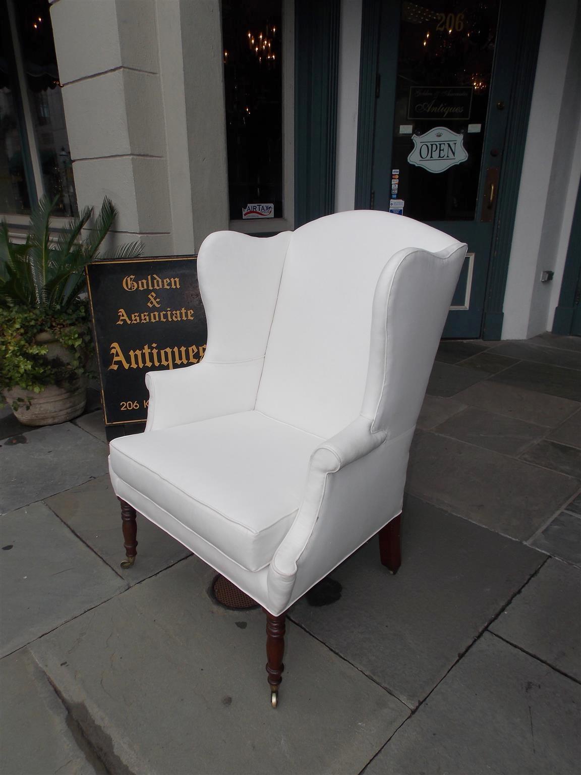 Hand-Carved American Sheraton Southern Cherry Upholstered Wingback Chair, Circa 1815
