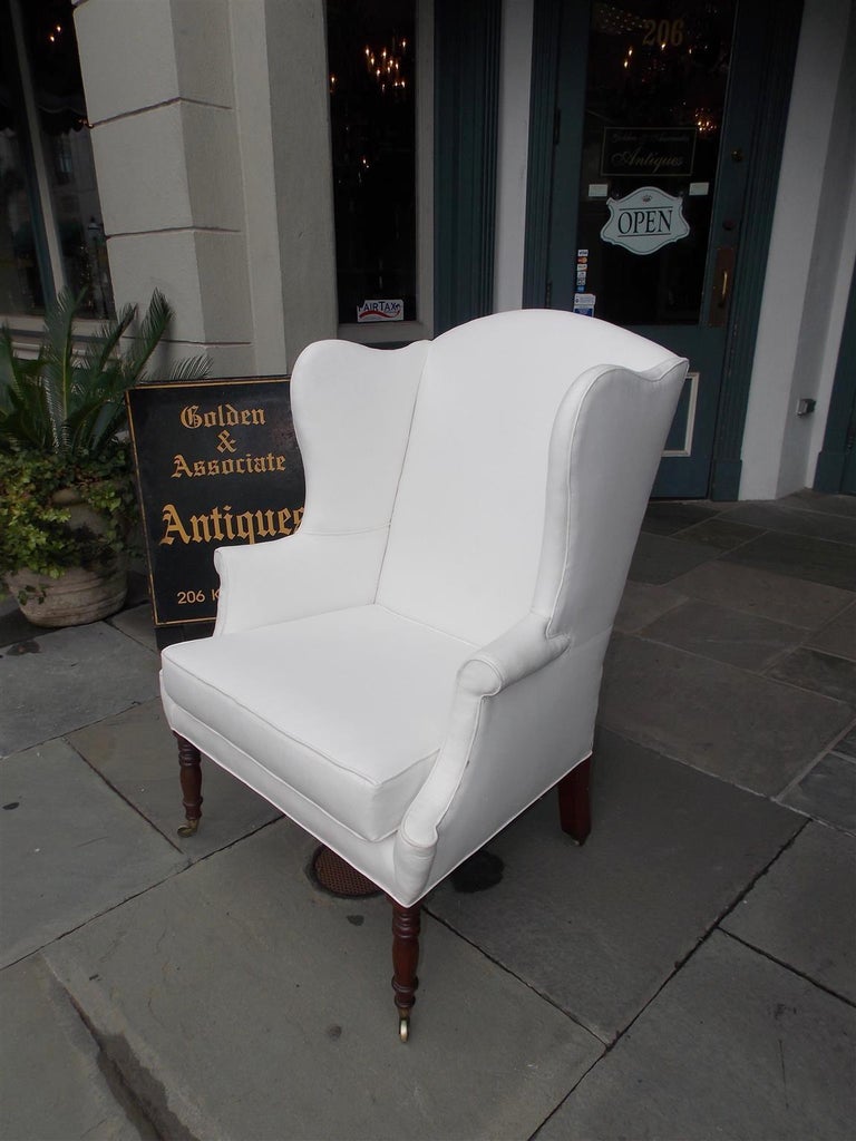 Hand-Carved American Sheraton Southern Cherry Upholstered Wingback Chair, Circa 1815 For Sale
