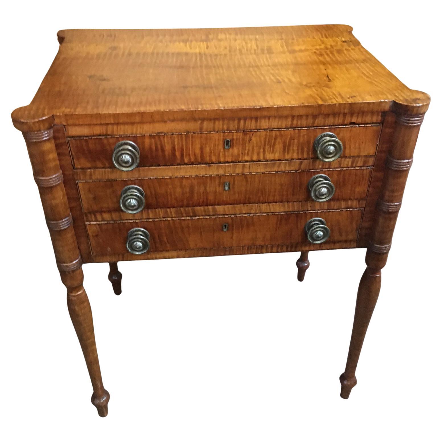 American Sheraton Tiger Maple Three-Drawer Drop Leaf Writing Table c1810 For Sale