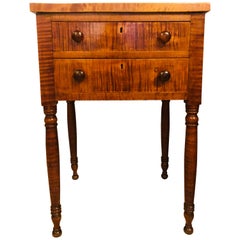 Antique American Sheraton Two-Drawer Stand Night Table in Cherry and Tiger Maple