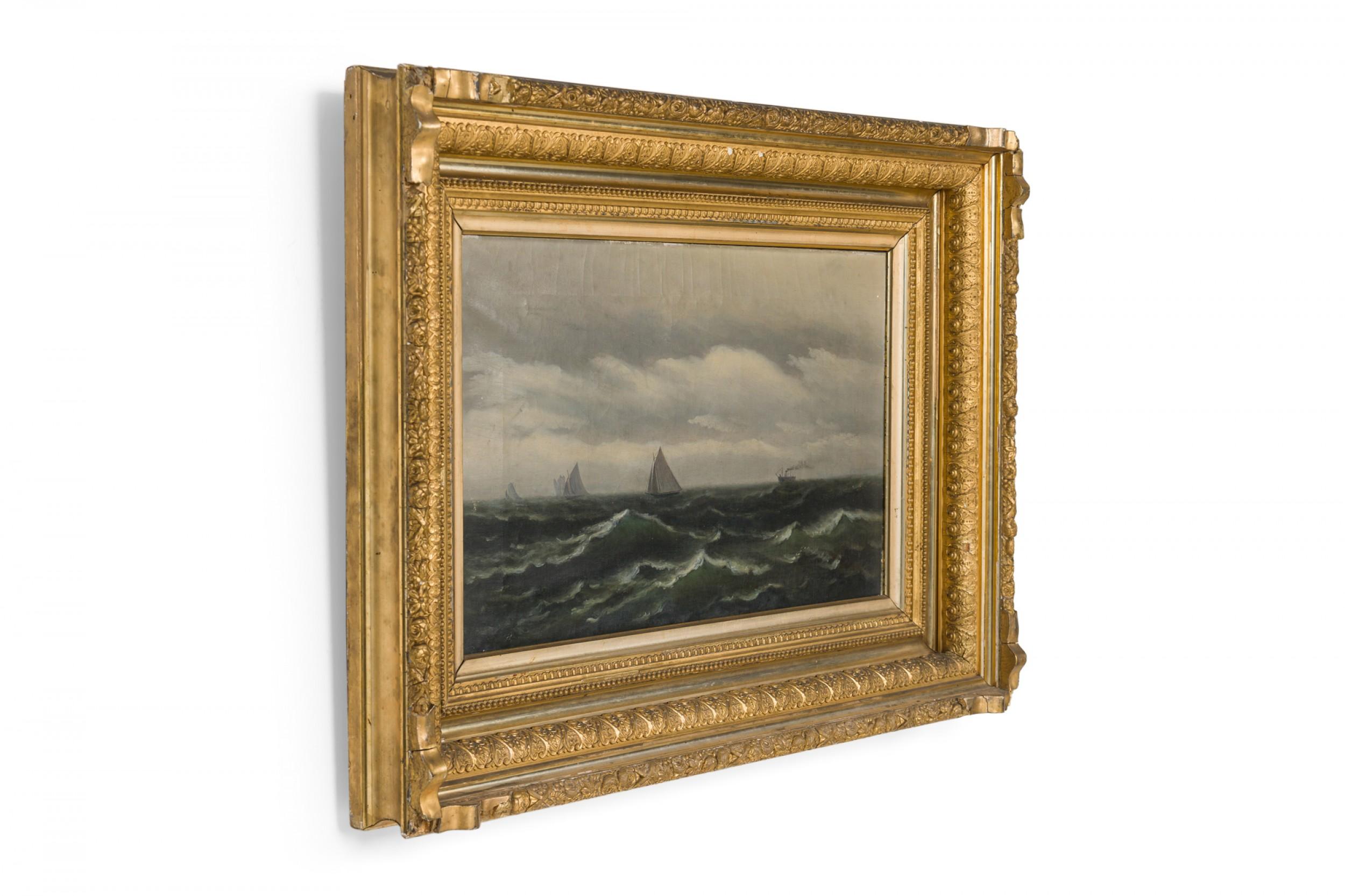 American 19th Century oil painting on canvas depicting ships at sea with rough water and gray skies in a gilt frame.