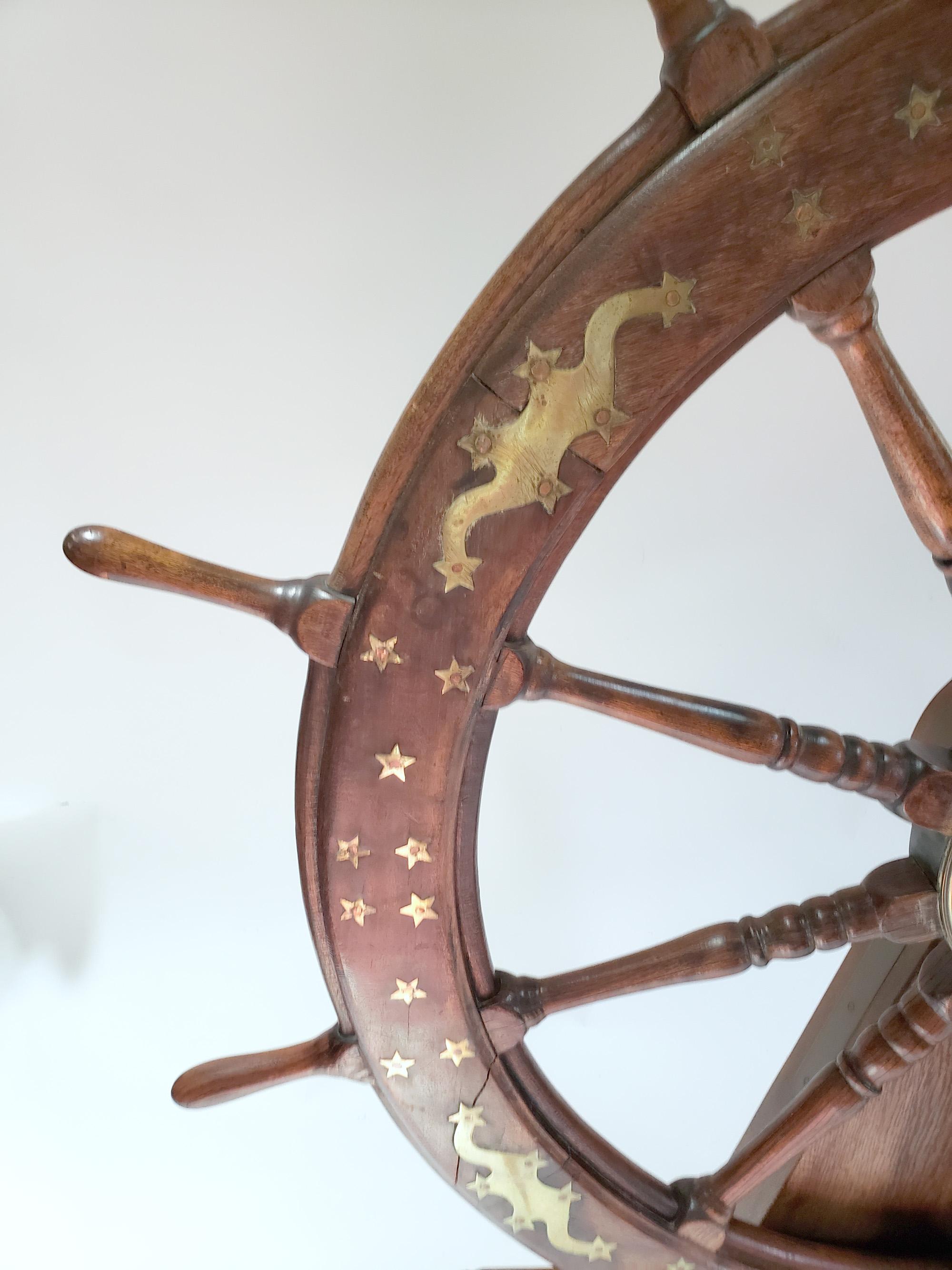 American Ship's Wheel or Helm with Brass Inlay of Stars & Shooting Stars 7