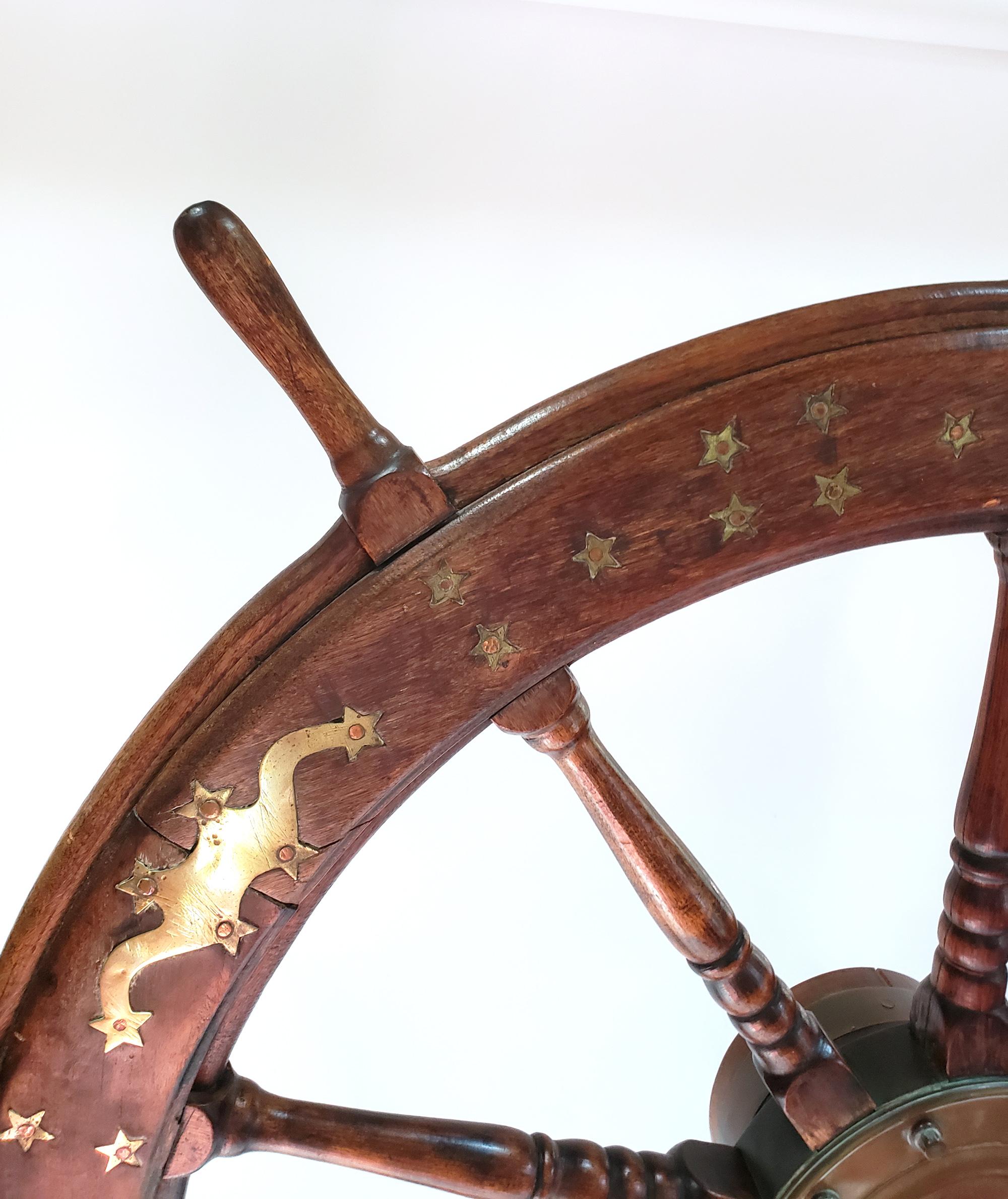American Ship's Wheel or Helm with Brass Inlay of Stars & Shooting Stars 8