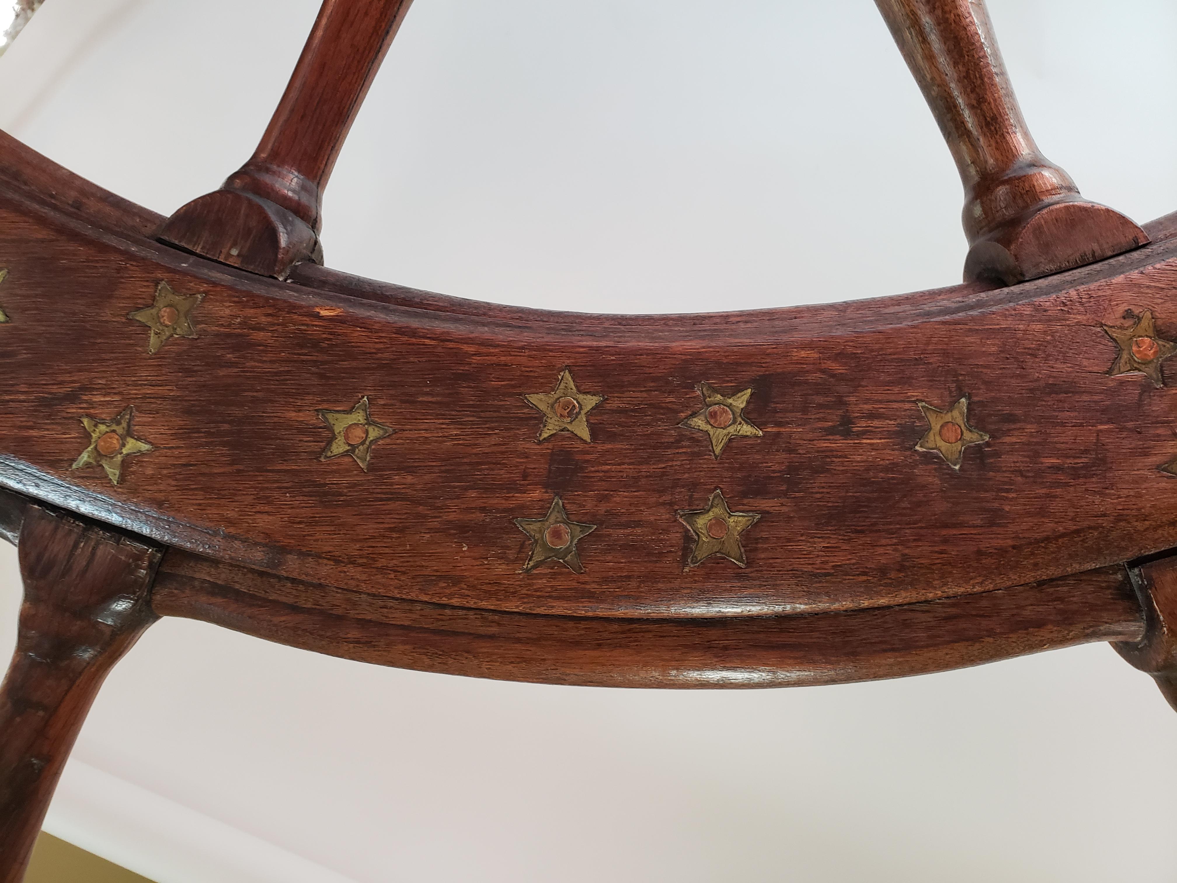 Wood American Ship's Wheel or Helm with Brass Inlay of Stars & Shooting Stars