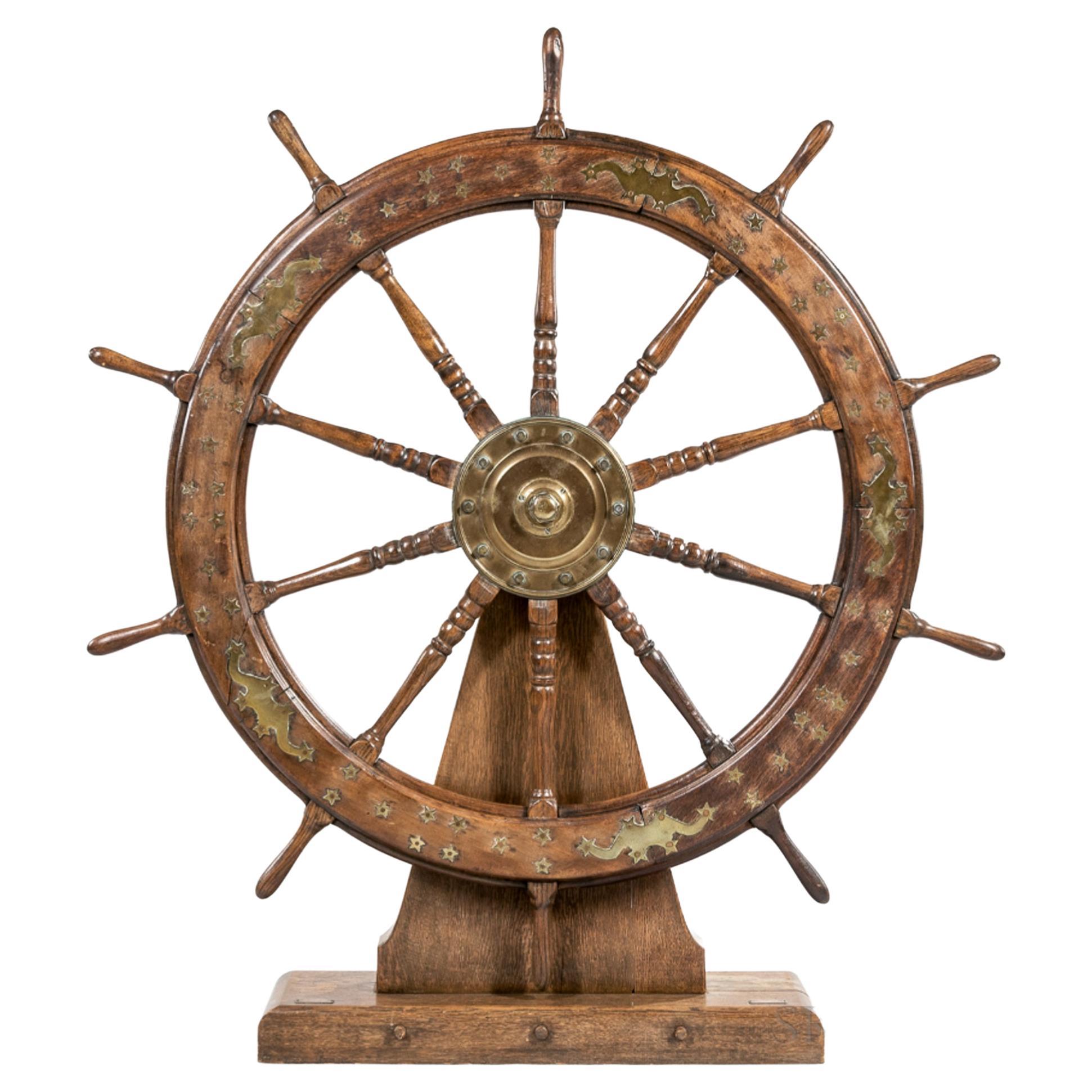 American Ship's Wheel or Helm with Brass Inlay of Stars & Shooting Stars
