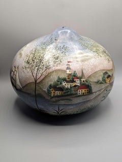 American Signed Folk Art Landscape on Natural Gourd