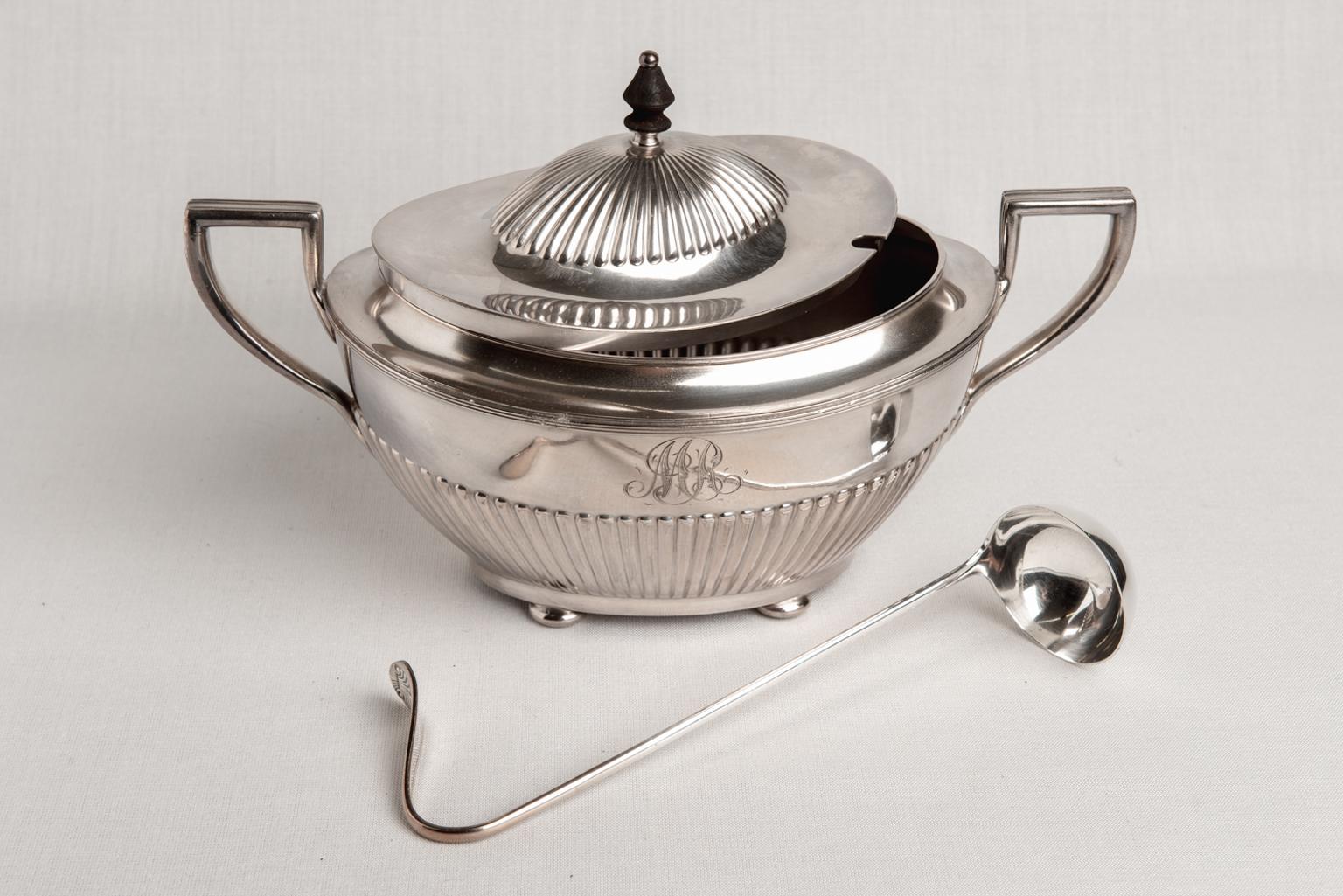 Engraved American Silver Plate Tureen with Ladle For Sale