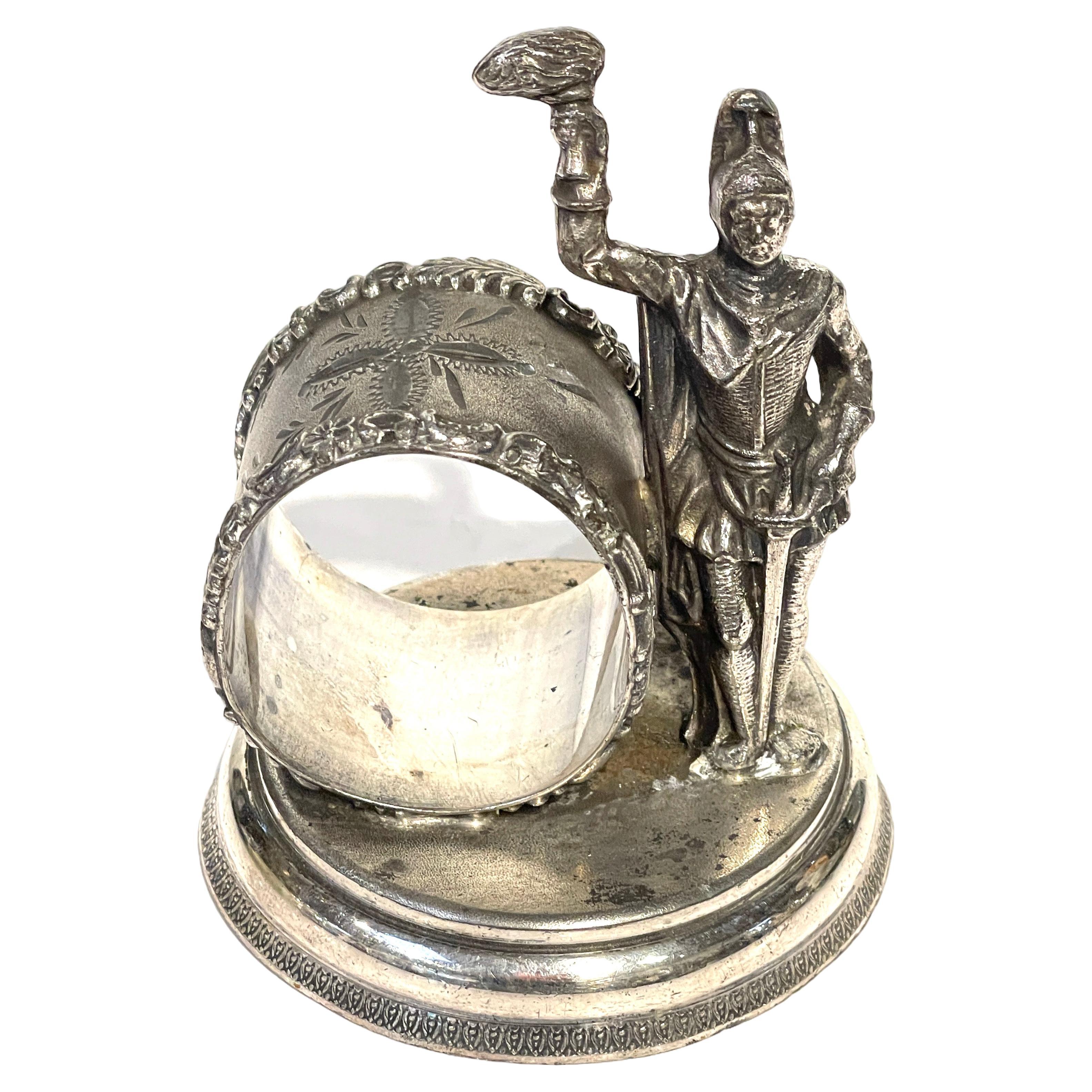 American Silverplated Figural Napkin Ring of a Knight with Sword and Torch  For Sale