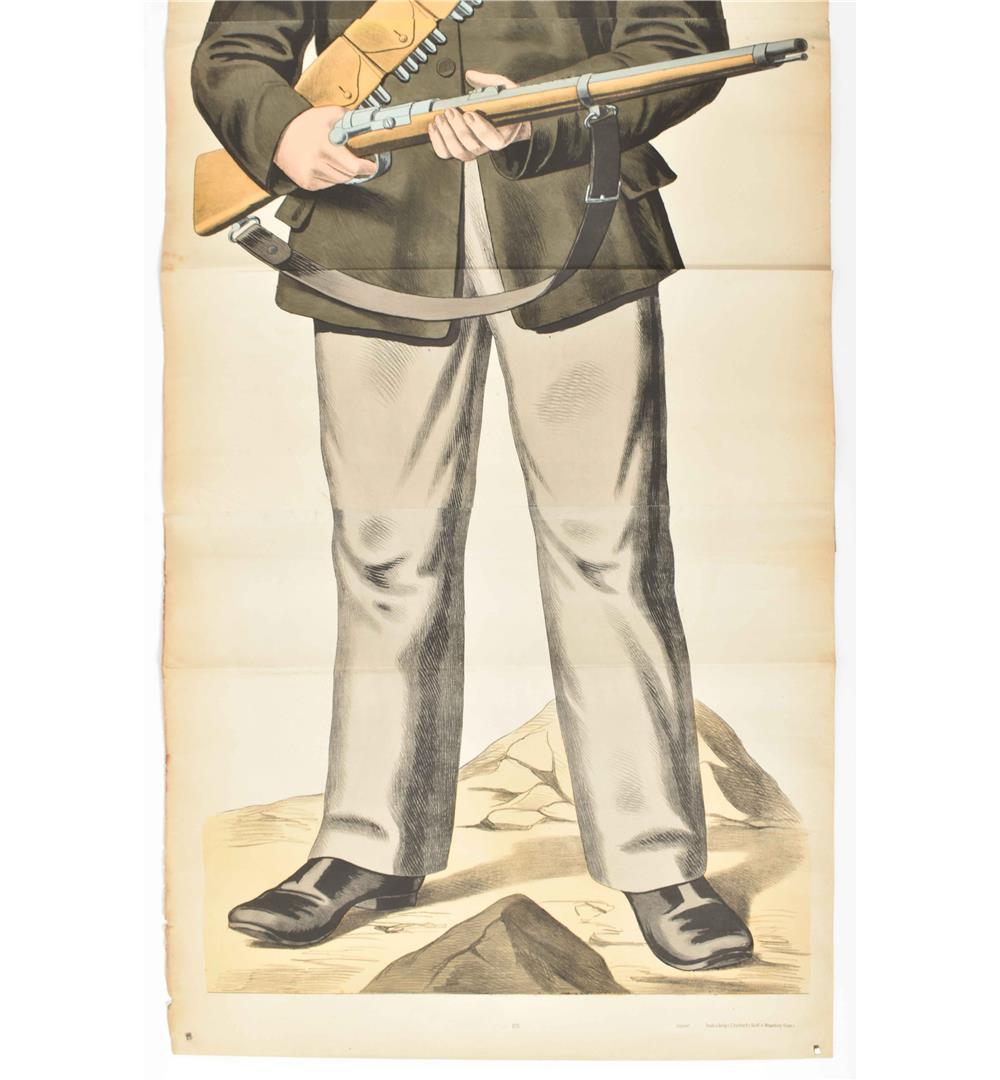 Large original antique chromolithograph poster composed of three attached sheets, measuring 162 x 68 cm in total. It features a figure that seems to represent a military figure, standing in full stature. The individual is dressed in a costume that