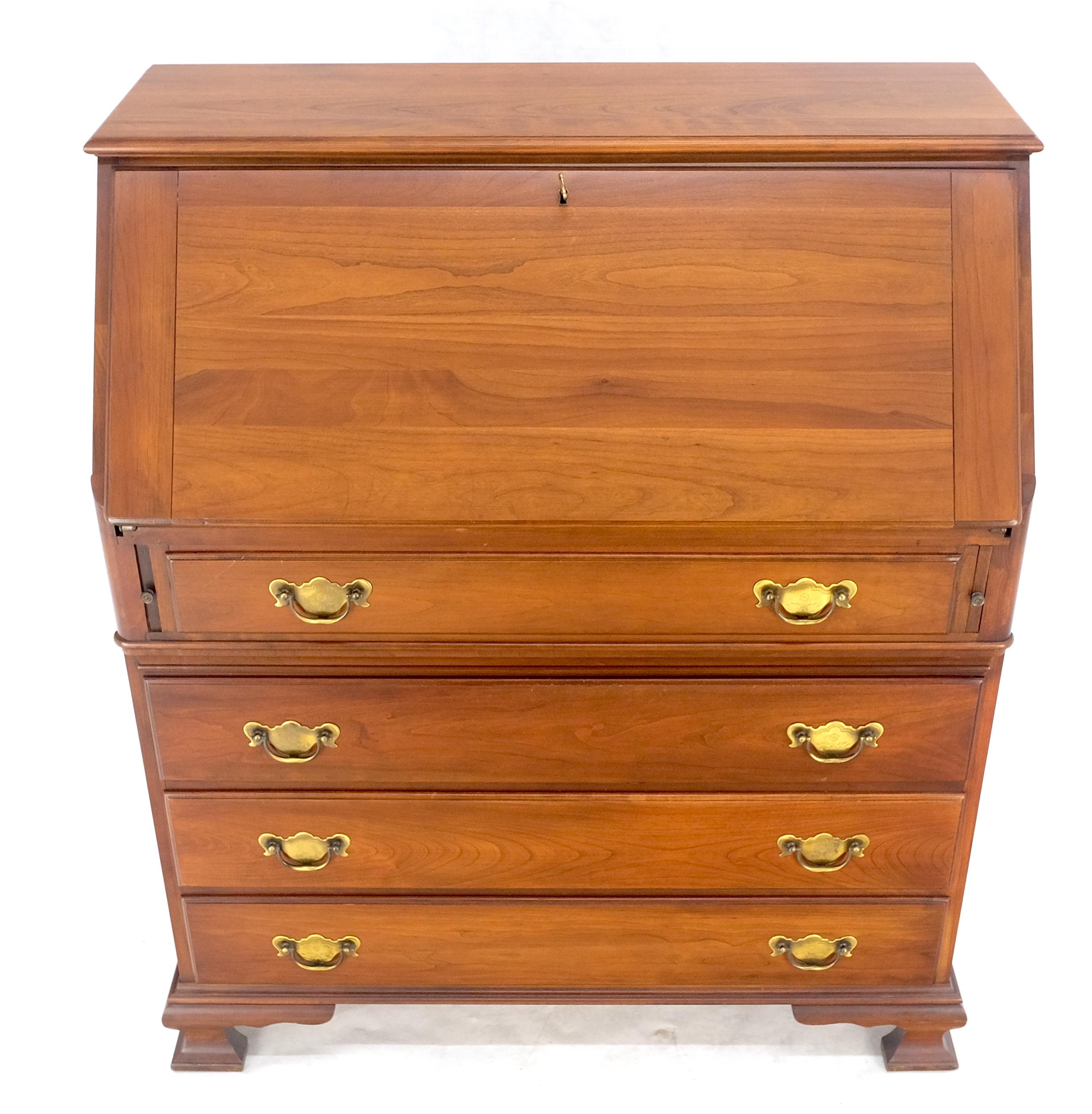 Country American Solid Cherry 4 Drawers Drop Front Secretary Desk Solid Brass Pulls MINT For Sale