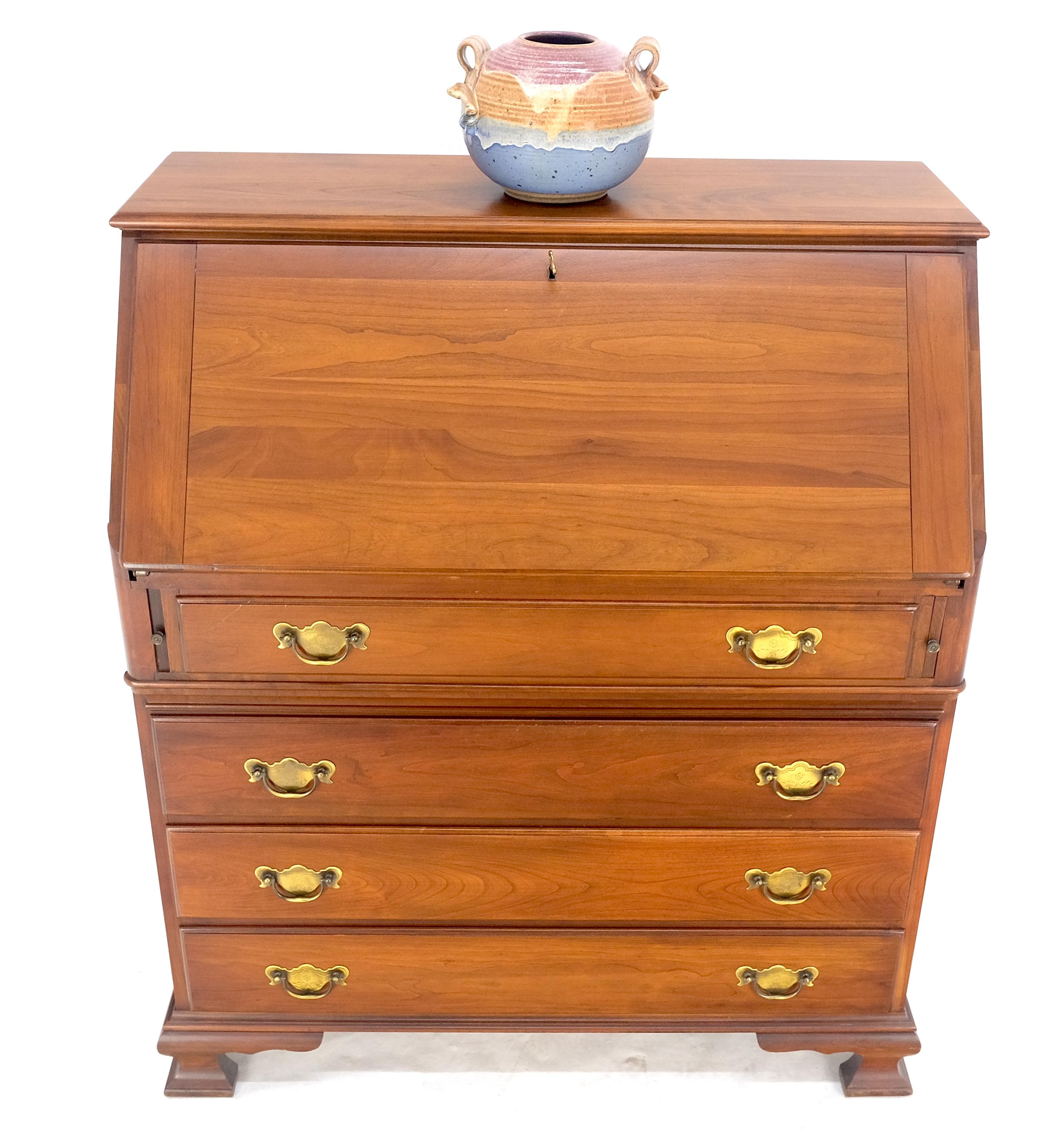 American Solid Cherry 4 Drawers Drop Front Secretary Desk Solid Brass Pulls MINT In Good Condition For Sale In Rockaway, NJ