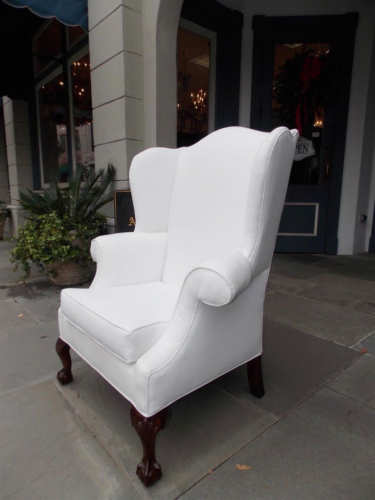Hand-Carved American Southern Chippendale Mahogany Upholstered Wing Back Chair, Circa 1840 For Sale