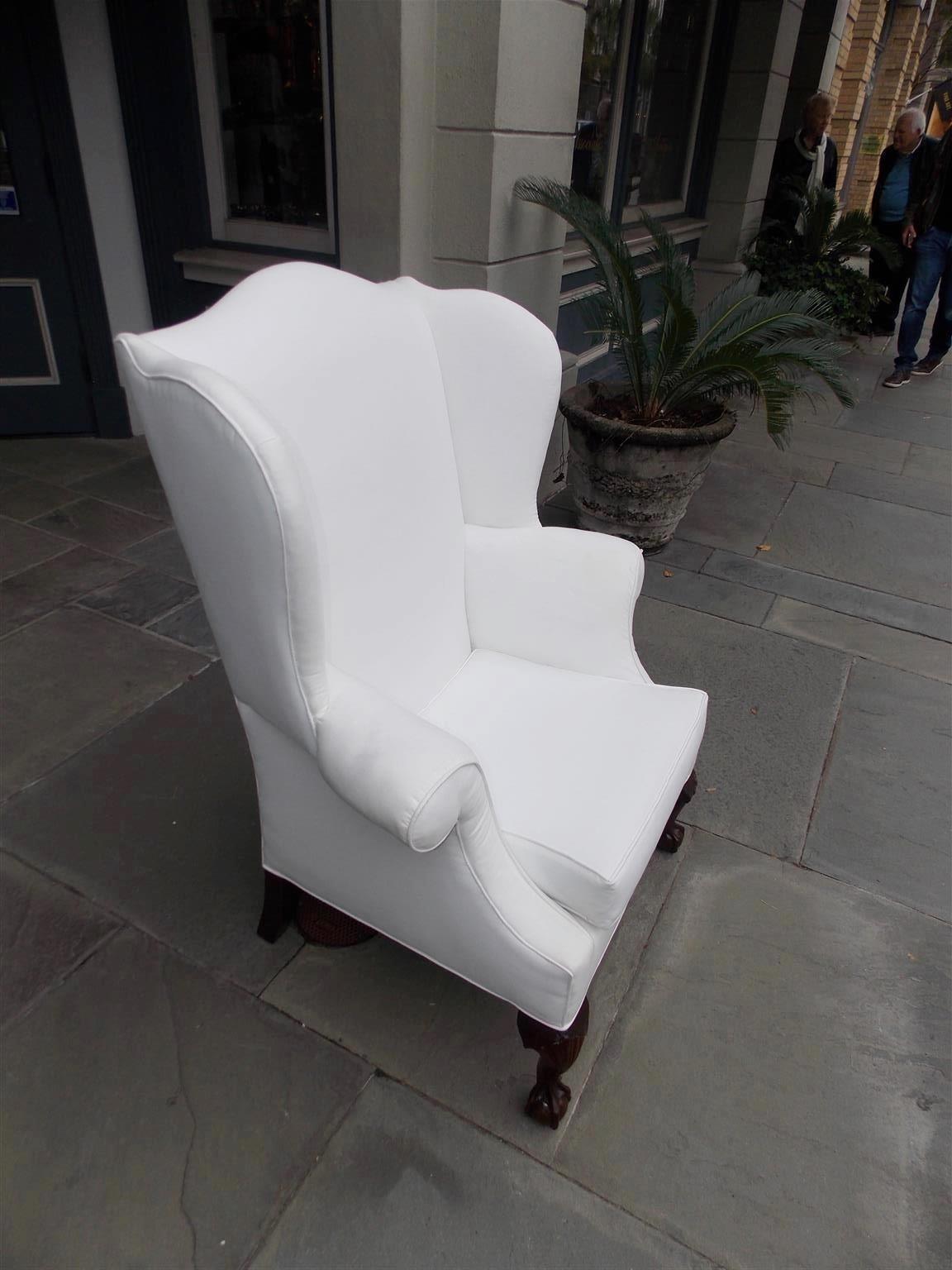 Hand-Carved American Southern Chippendale Mahogany Upholstered Wing Back Chair, Circa 1840 For Sale