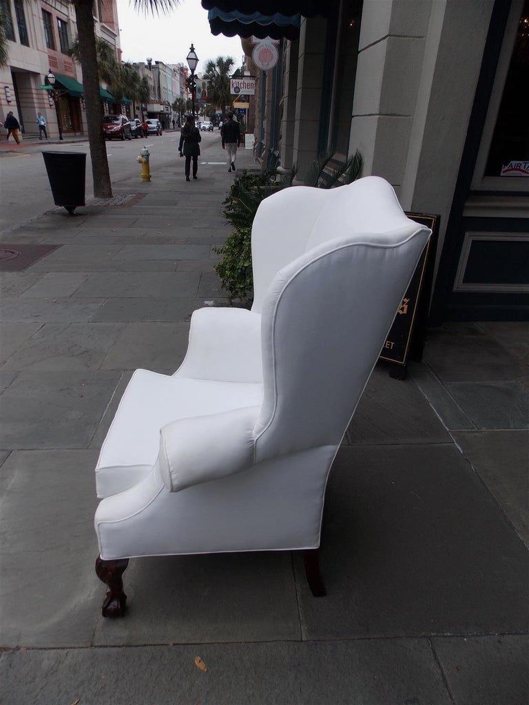 Muslin American Southern Chippendale Mahogany Upholstered Wing Back Chair, Circa 1840 For Sale
