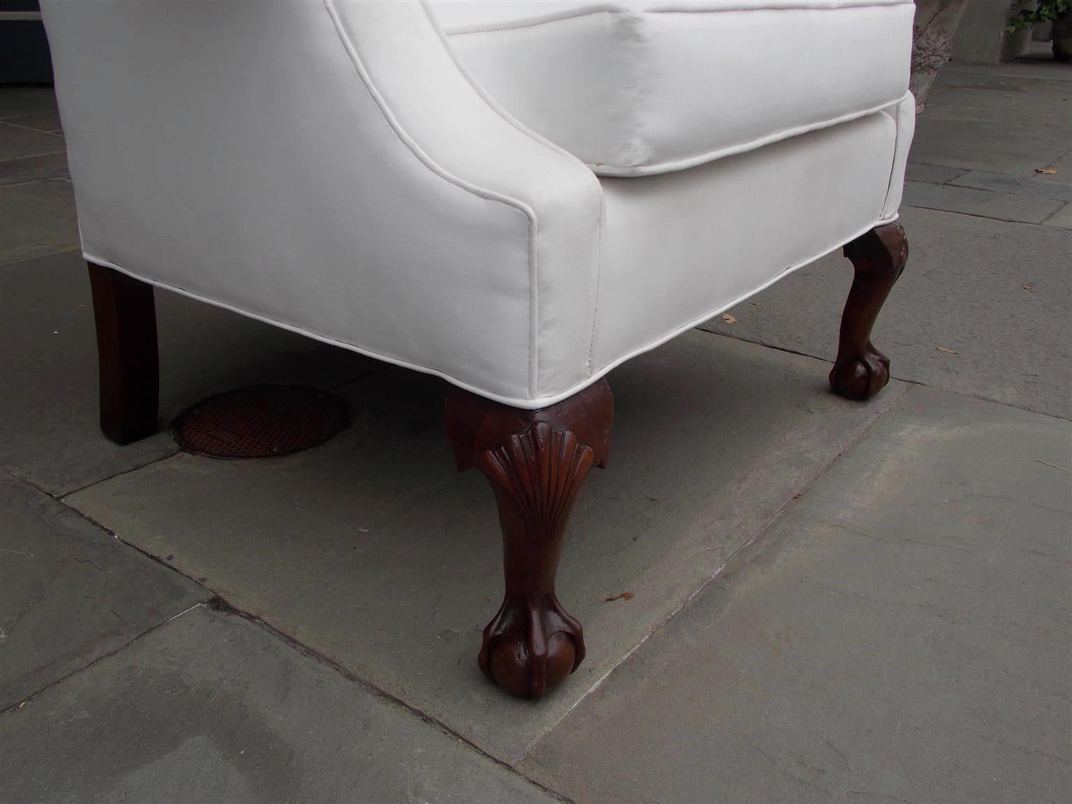 Muslin American Southern Chippendale Mahogany Upholstered Wing Back Chair, Circa 1840 For Sale