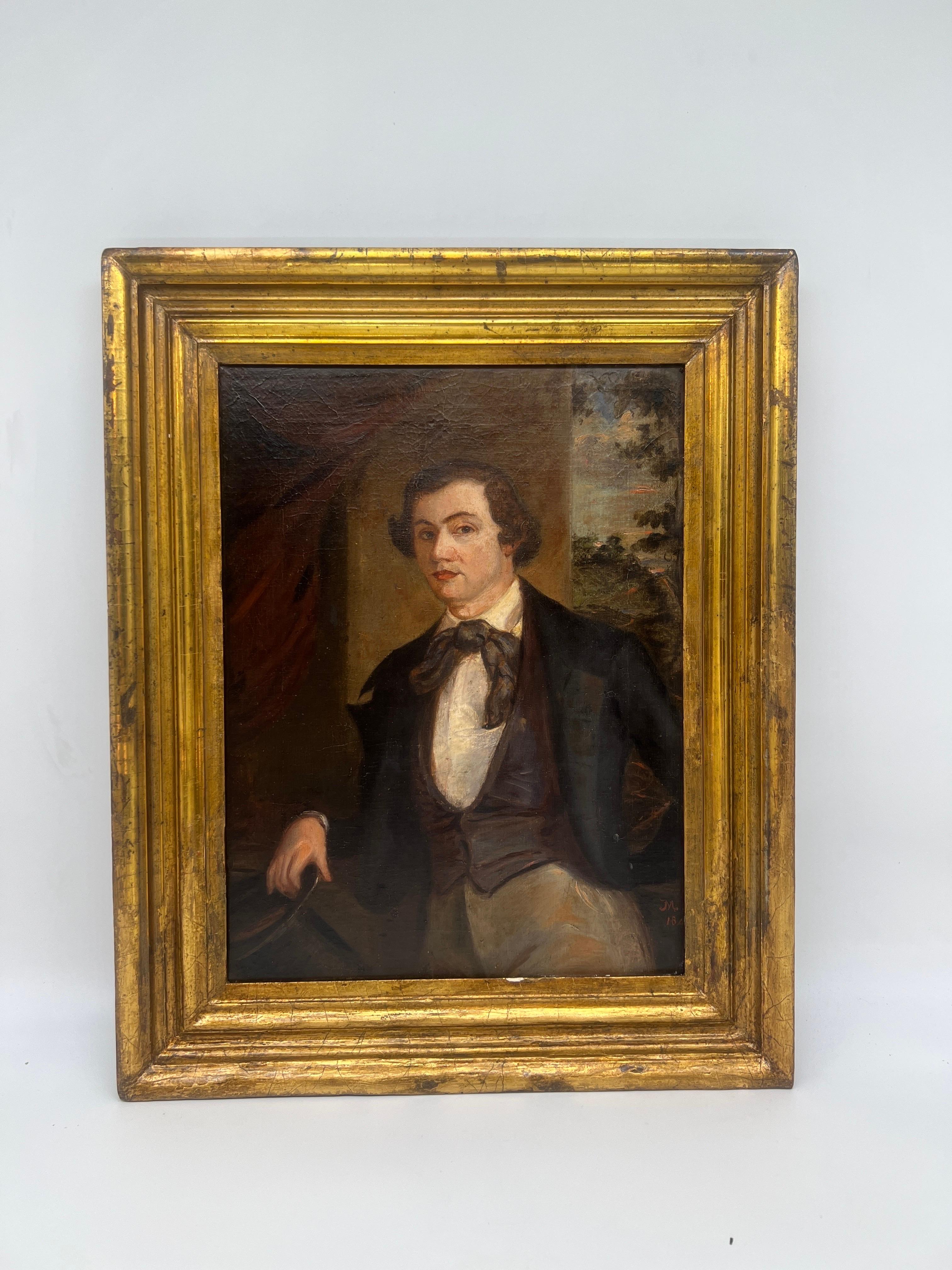 American Southern School O/B Portrait of a Gentleman Circa 1842.
A fine quality portrait of a gentleman, likely a Jockey or businessman. From an important southern portrait collection. Signed to the lower right possibly “J.M , 1842”.