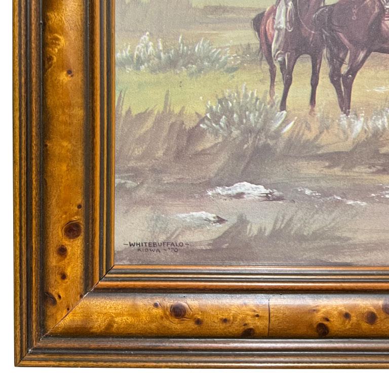 American Classical American Southwest Cowboy and Longhorn Framed Burl Wood Art Print