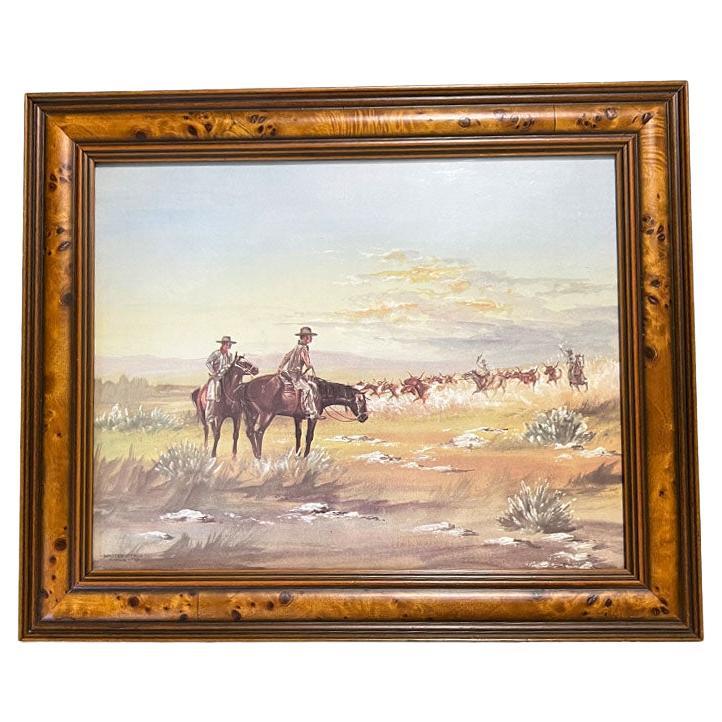 Glass American Southwest Cowboy and Longhorn Framed Burl Wood Art Print