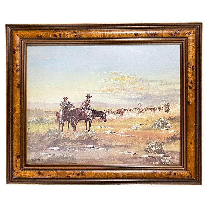 American Southwest Cowboy and Longhorn Framed Burl Wood Art Print