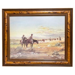 American Southwest Cowboy and Longhorn Framed Burl Wood Art Print