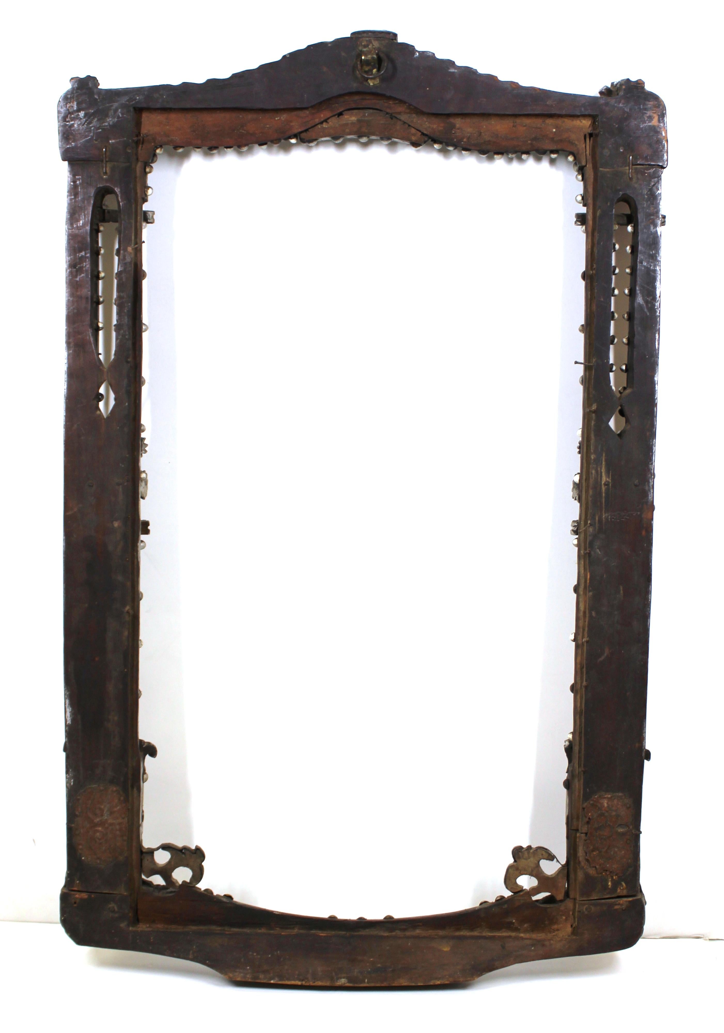 American Southwest Folk Art Carved Wood Frame with Porcelain and Metal Elements 7