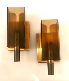 American Space Age Pair of Wall Sconces in Smoke Lucite and Copper
