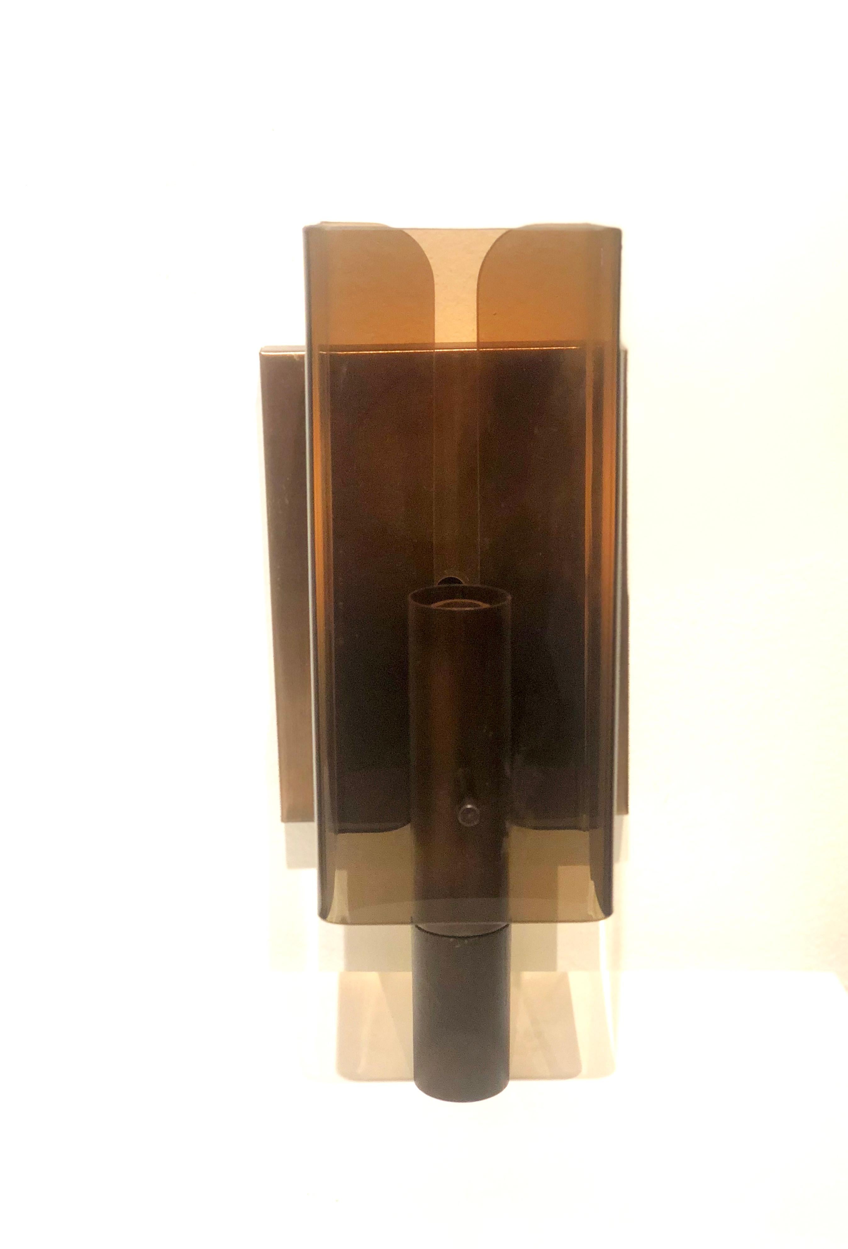 American Space Age Pair of Wall Sconces in Smoke Lucite and Copper 1
