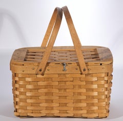 American Splint Wicker Pie Picnic Basket Hinged Lid & Handles, early 20th c.