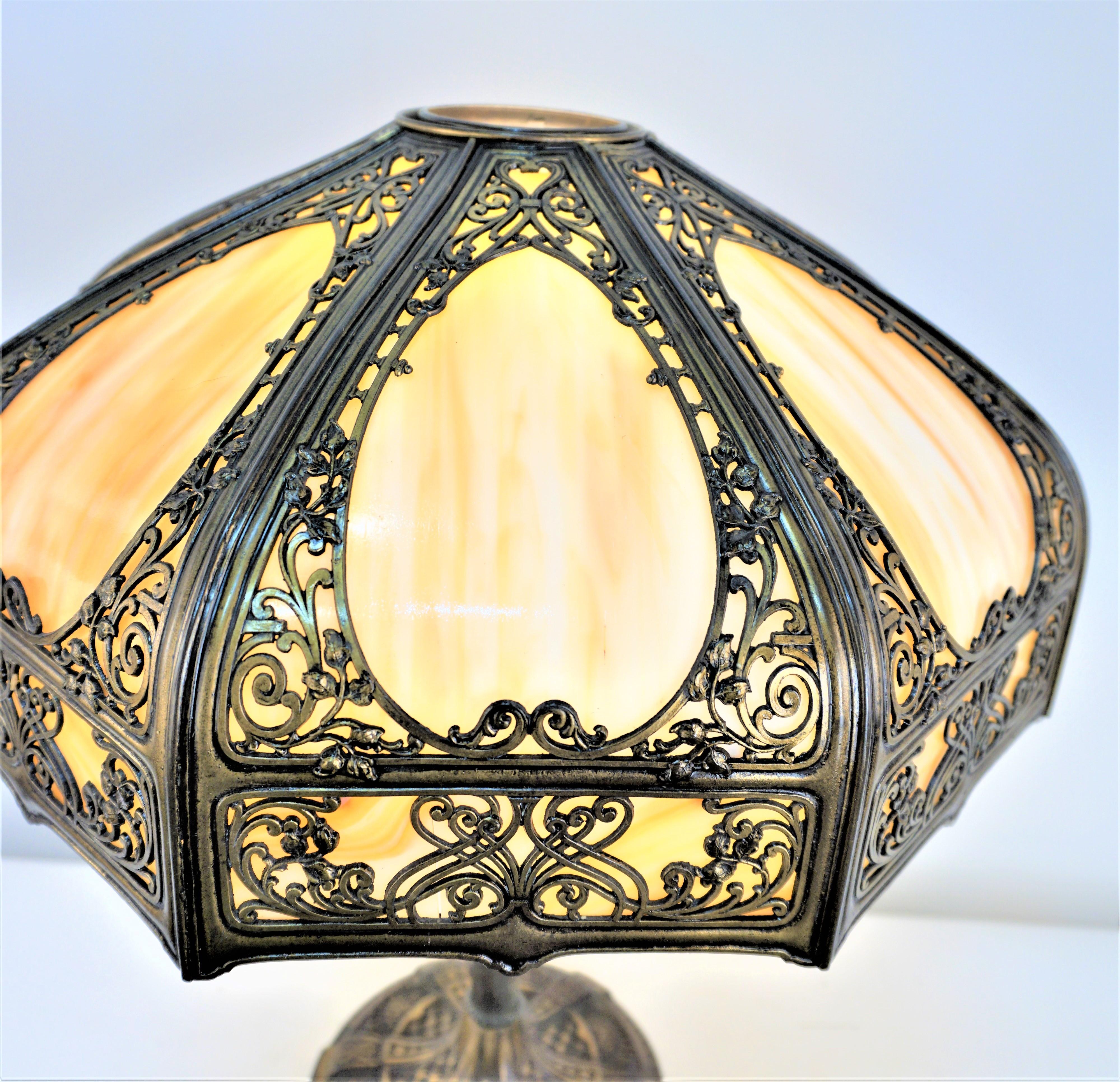 Beautiful American 1920's honey-cream color-stained glass table lamp.  