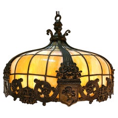 American Stained Glass and Bronze Chandelier