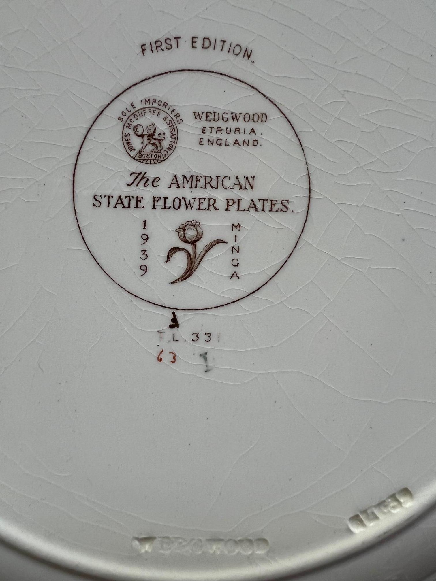 Cast American State Flower Plates by Wedgewood- Set of 12, circa 1939