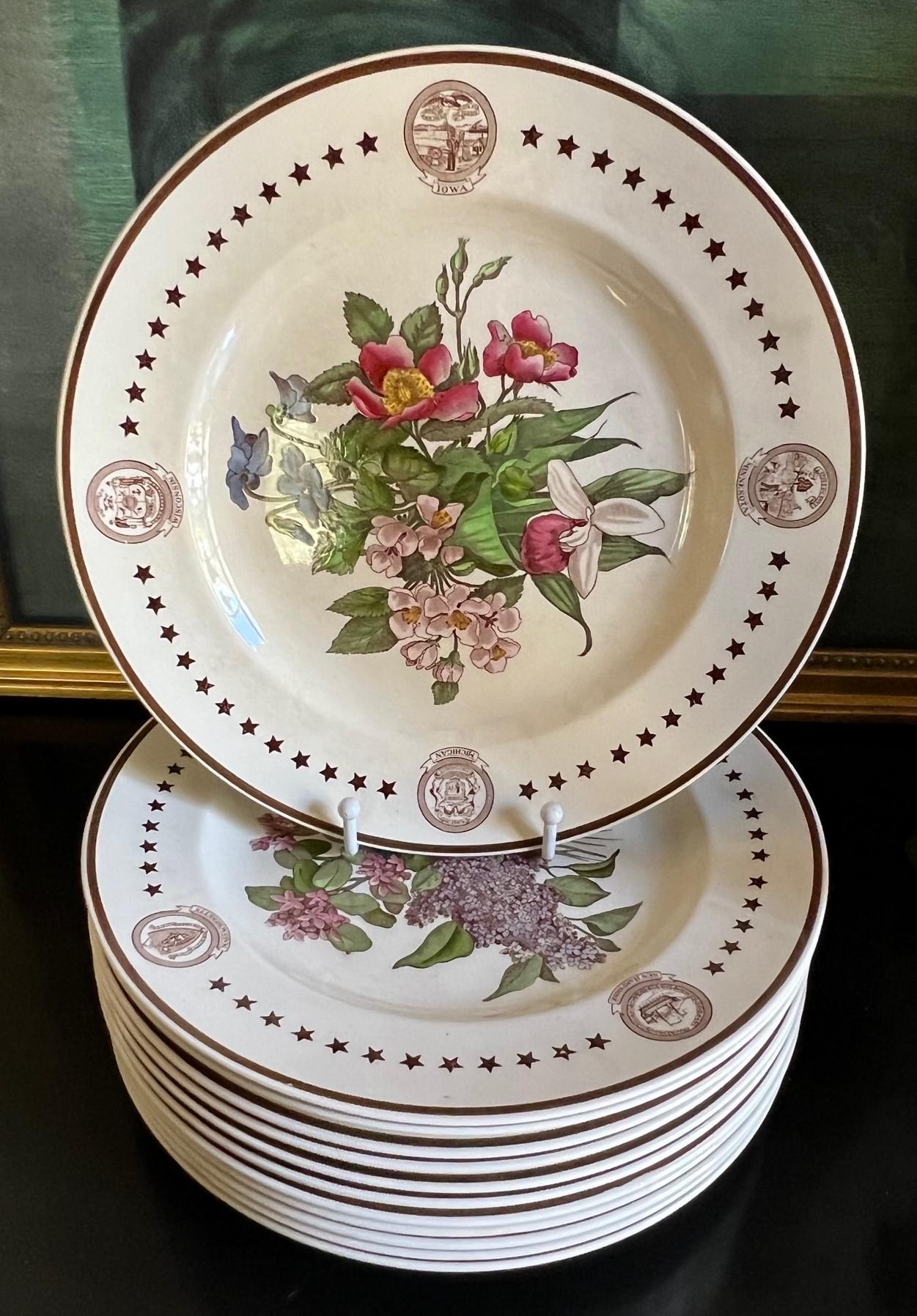 American State Flower Plates by Wedgewood- Set of 12, circa 1939 In Good Condition In Ross, CA