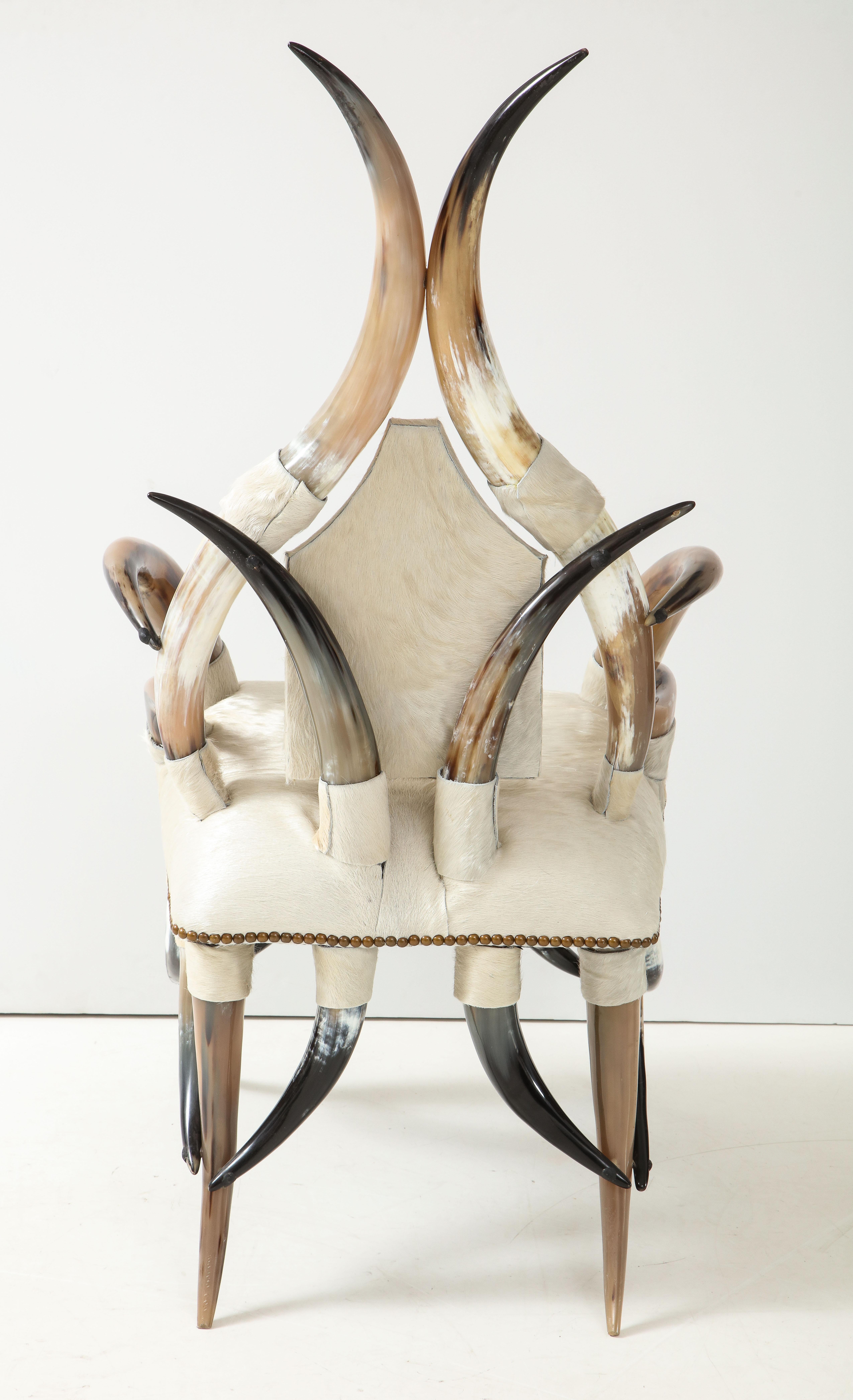 Hand-Crafted American Steer Horn, White Hide Chair