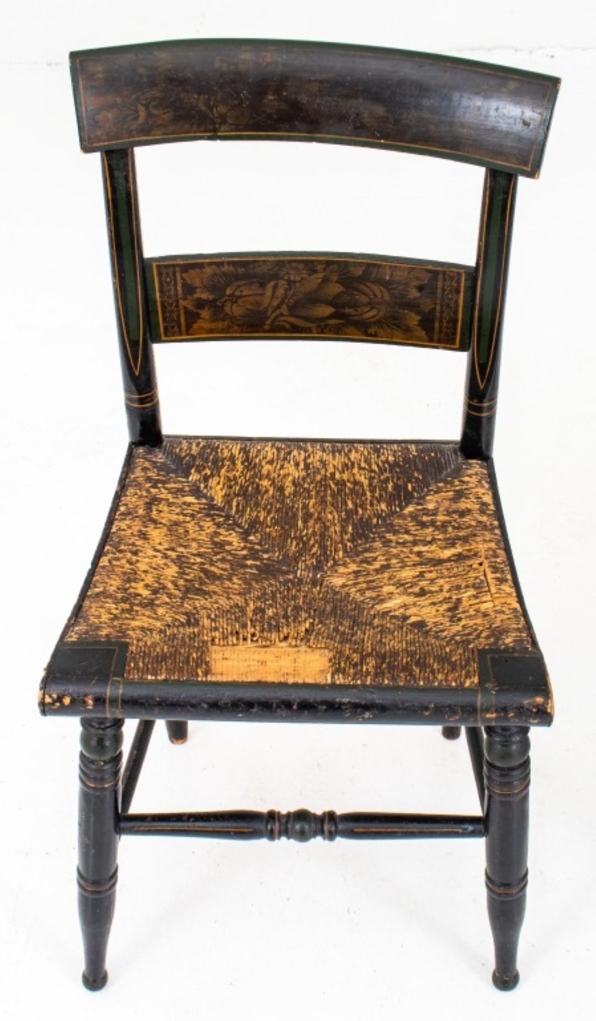 American stenciled and ebonized sidechairs in the folk manner, 19th c, set of six, with decorated crest rail and back splat on turned legs joined by stretchers.

Dealer: S138XX