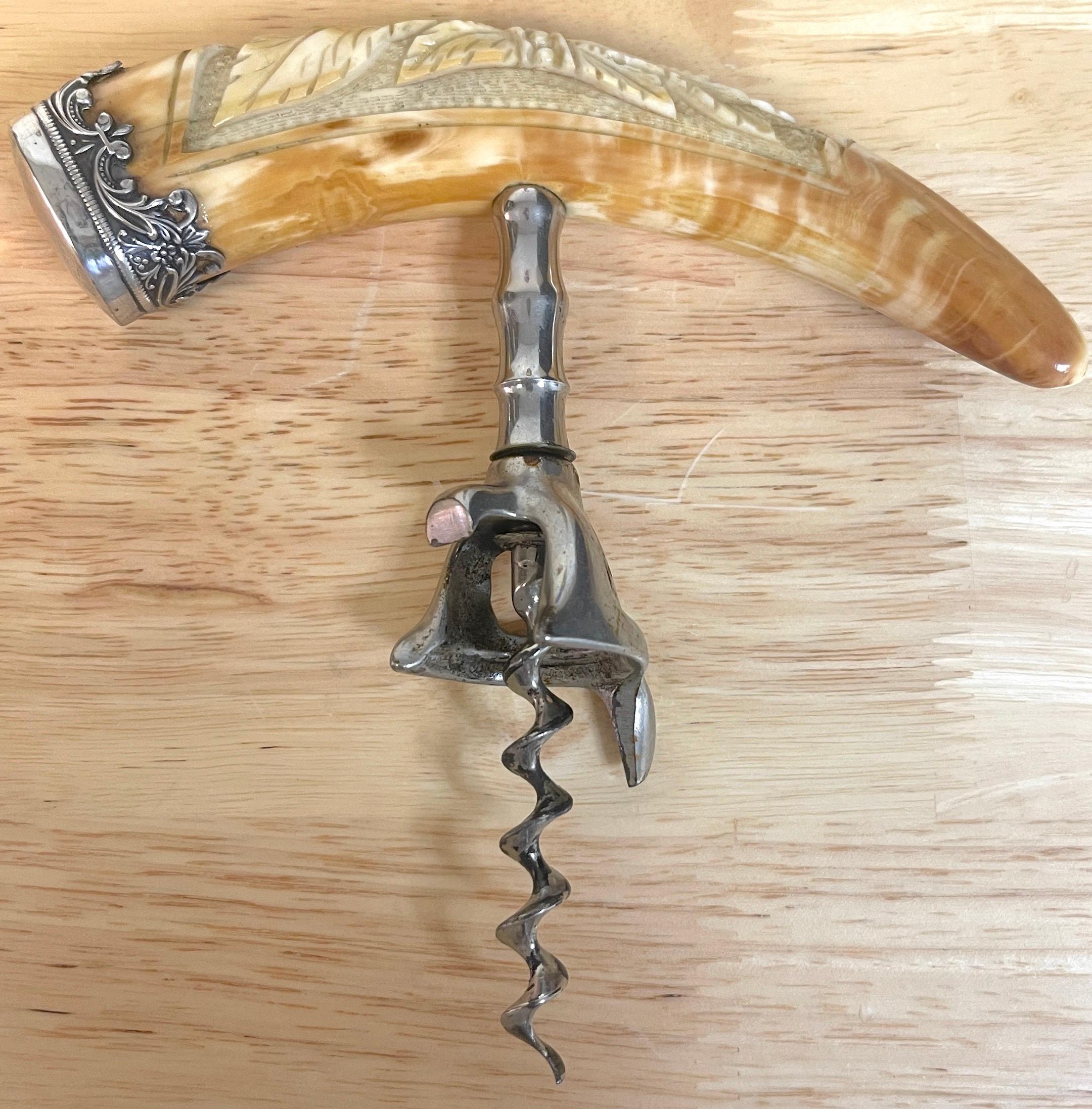 American Sterling & Carved Horn Laurel Motif Corkscrew In Good Condition In West Palm Beach, FL