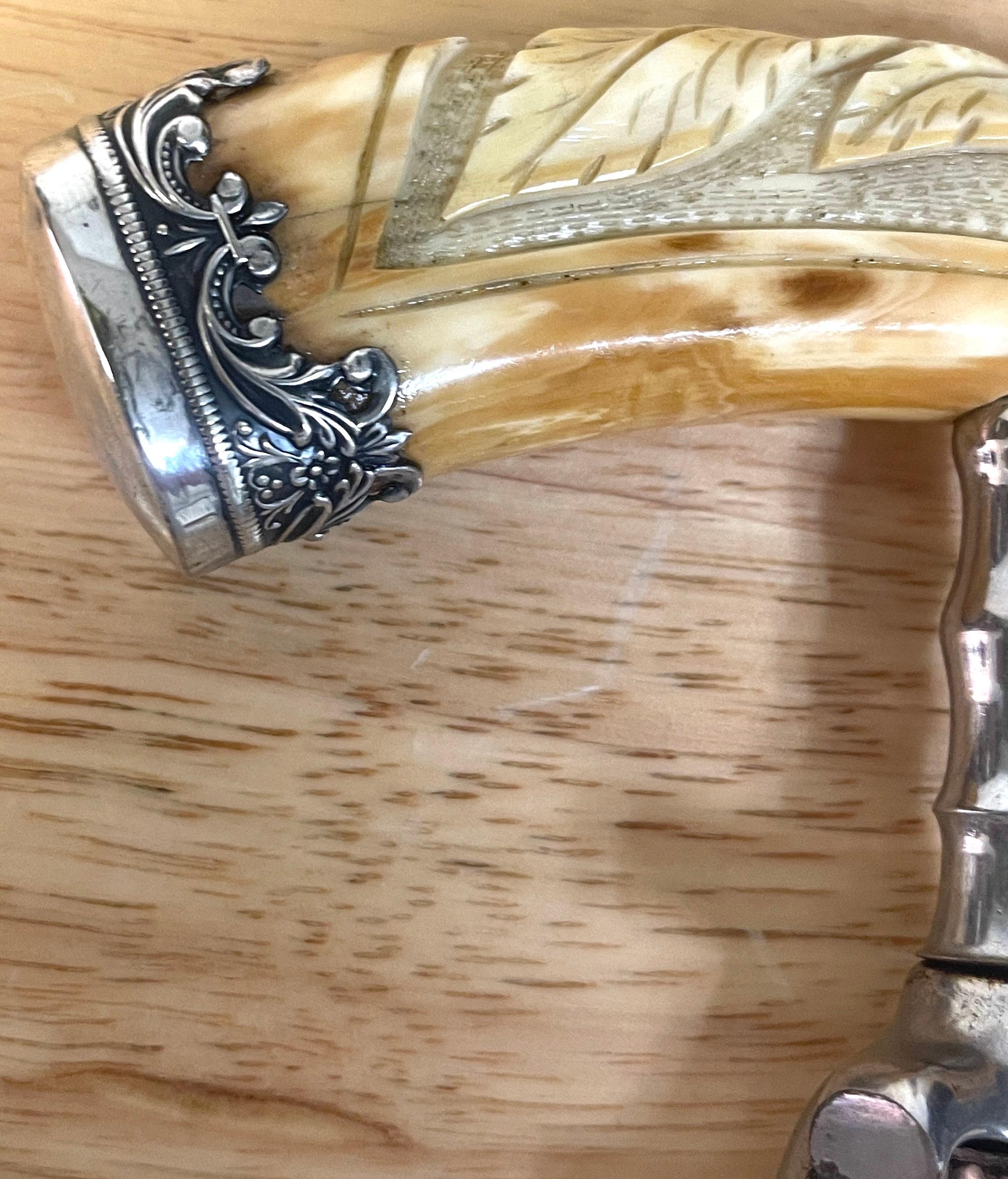 19th Century American Sterling & Carved Horn Laurel Motif Corkscrew
