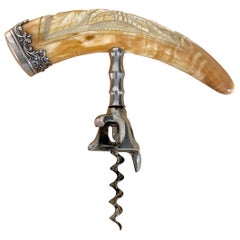 Amerikanischer Korkenzieher aus Sterlingsilber mit geschnitztem Horn und Lorbeermotiv