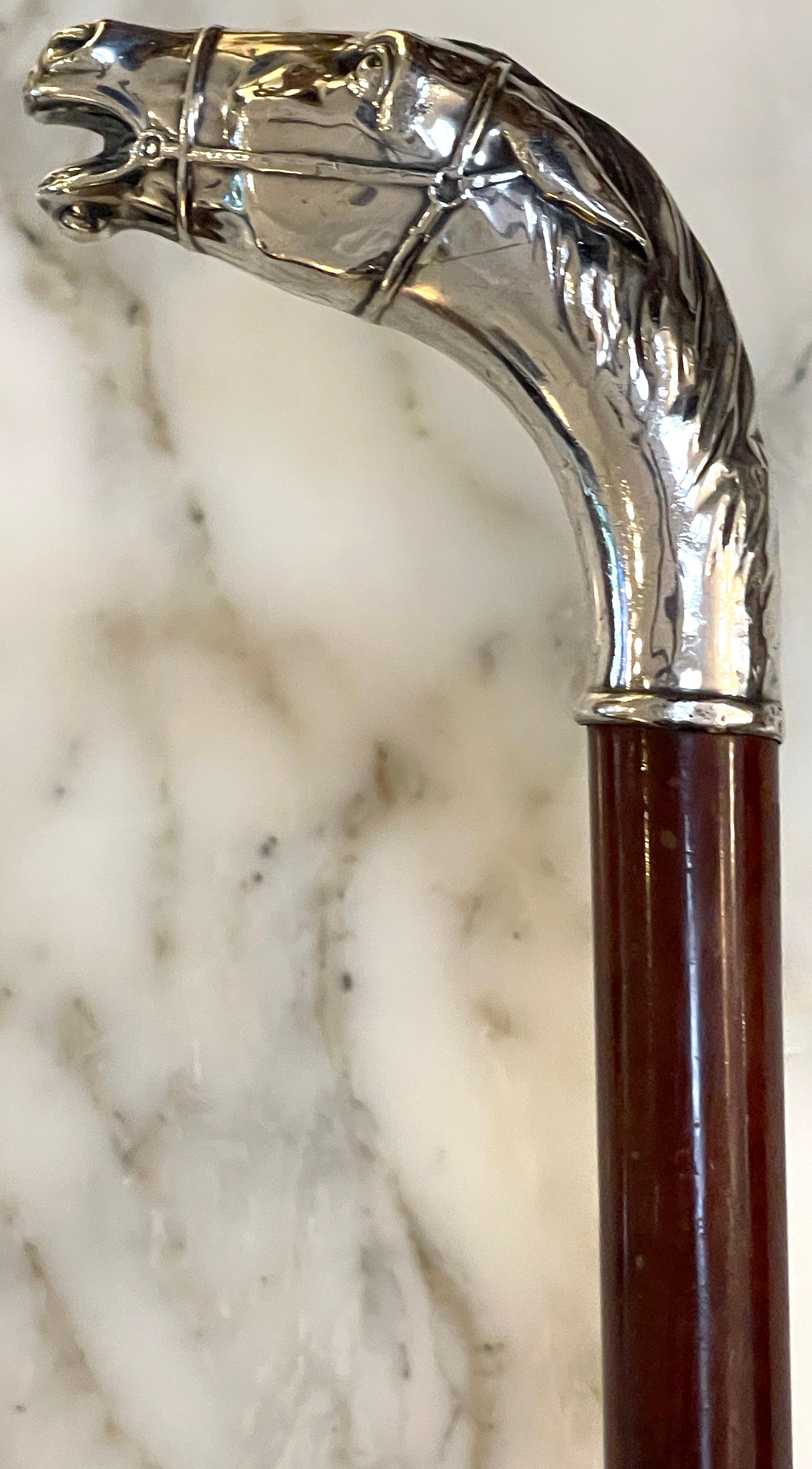 American Sterling Handled Bridled Race Horse Cane/ Walking Stick, Circa 1920 3
