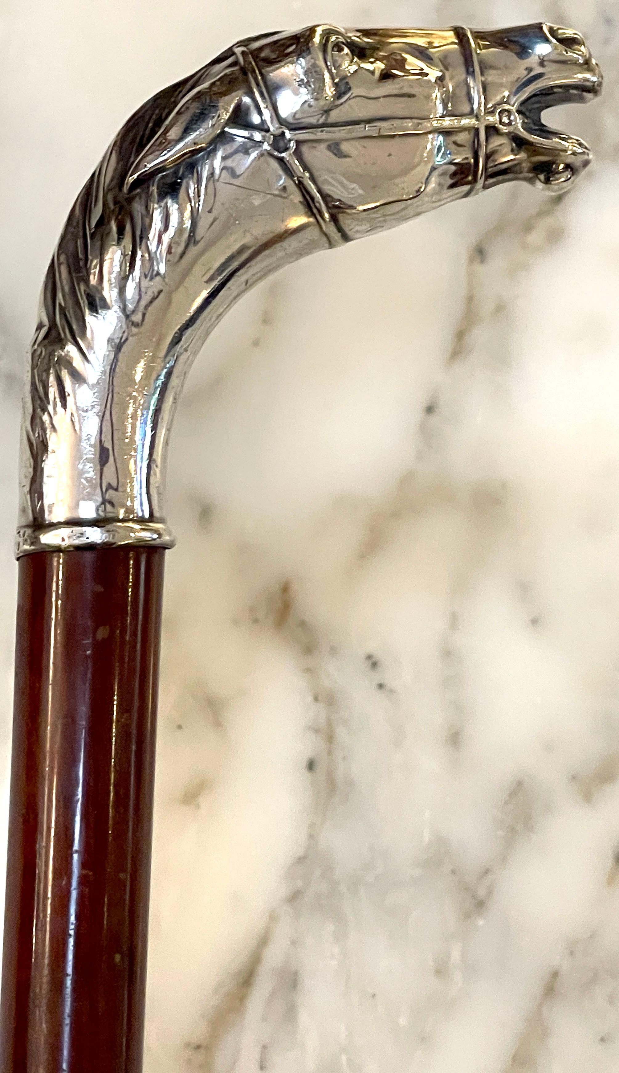 American Sterling Handled Bridled Race Horse Cane/ Walking Stick, Circa 1920 4