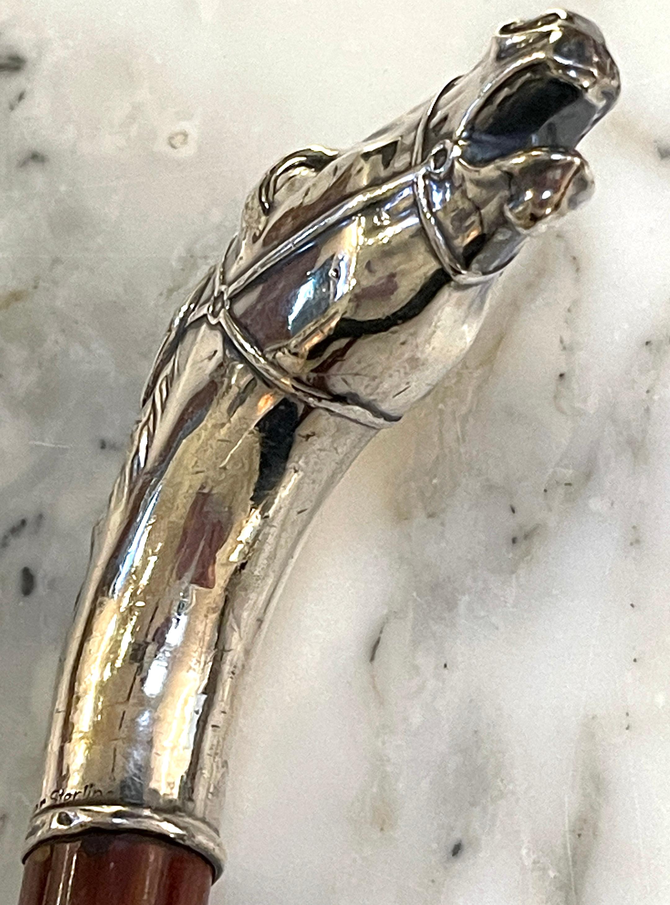 American Sterling Handled Bridled Race Horse Cane/ Walking Stick, Circa 1920 9