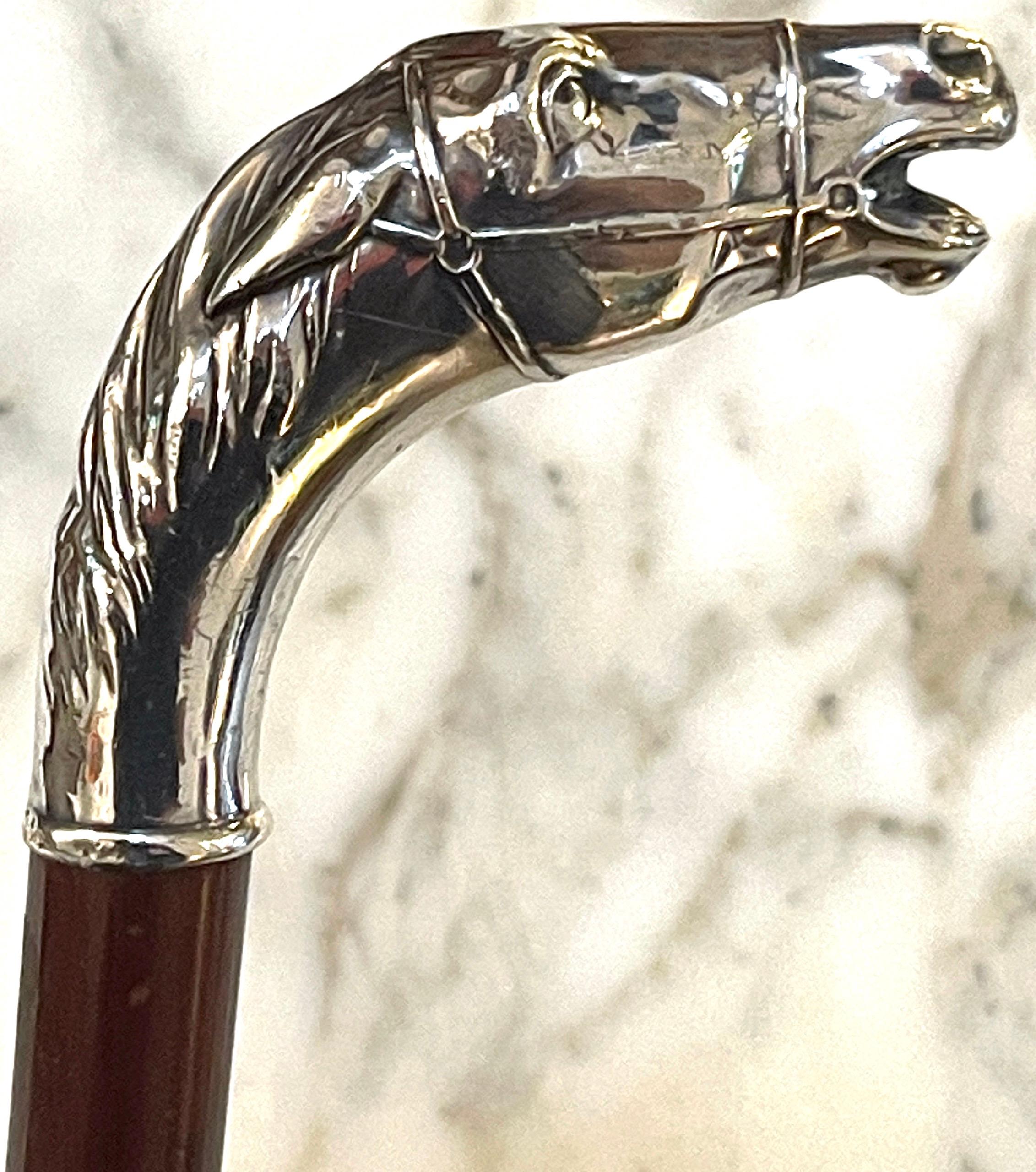 American Sterling Handled Bridled Race Horse Cane/ Walking Stick, Circa 1920
Stamped  'Silver- Sterling'
Offered for sale is an exquisite American Sterling Handled Bridled Race Horse Cane/Walking Stick, dating back to the 1920s and marked